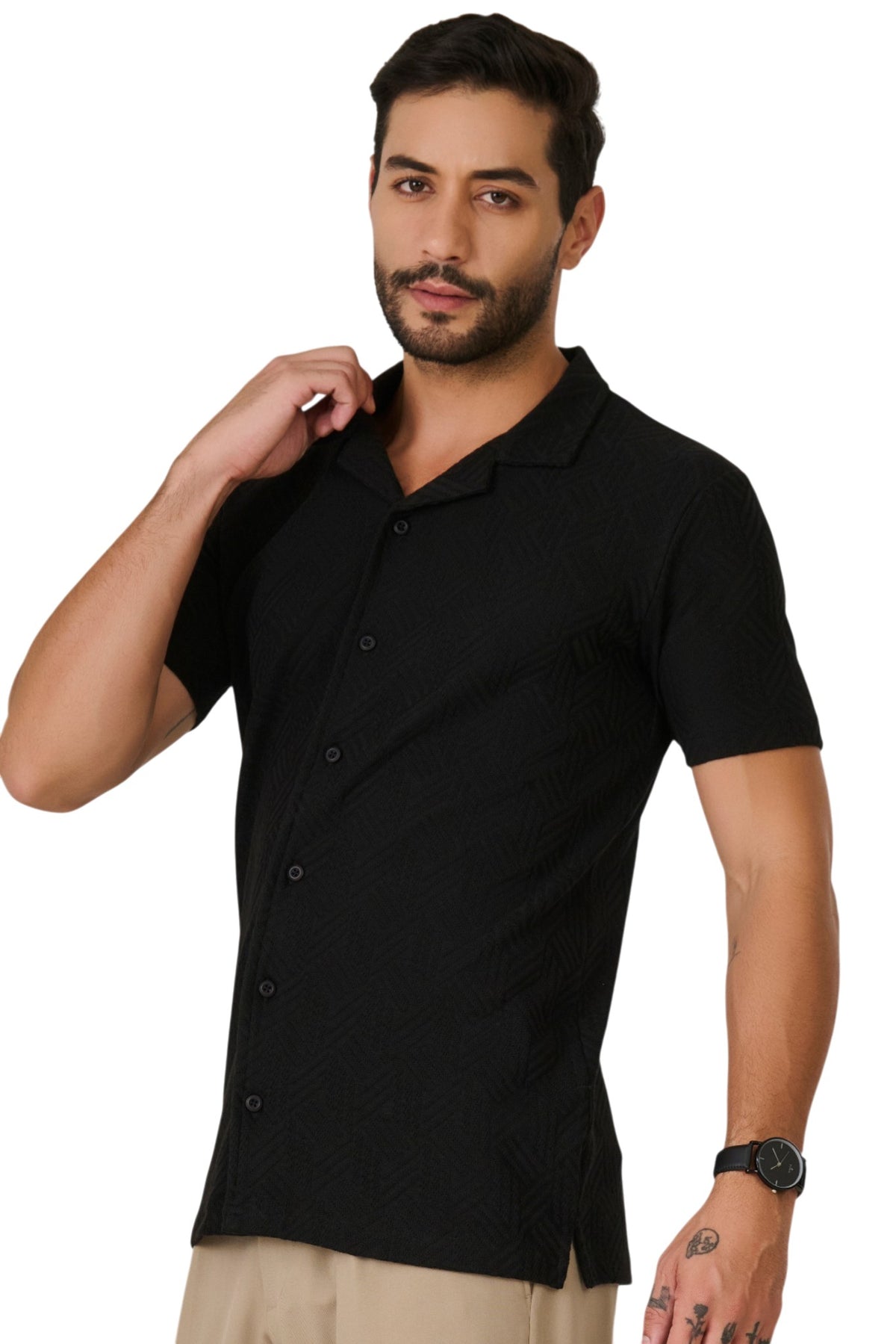 Buy Black Textured Resort Shirt Online Shopping view 2