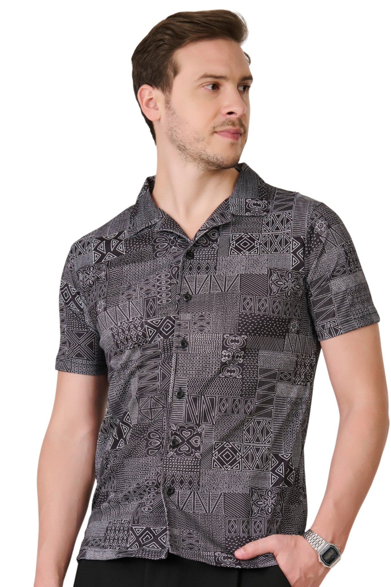 Buy Black Geometric Resort Shirt Online Shopping view 3