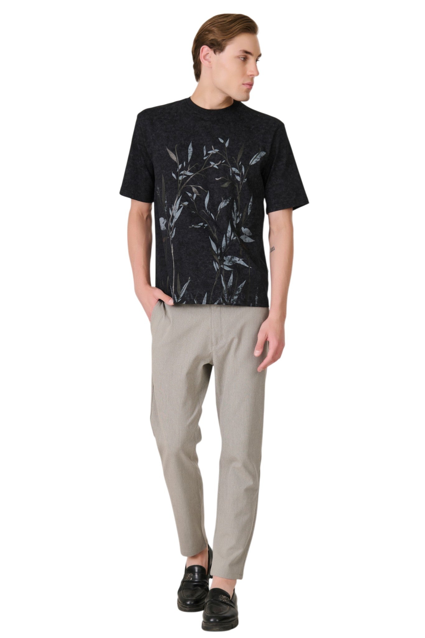 Buy Black Botanical Graphic T-Shirt Online Shopping view 5
