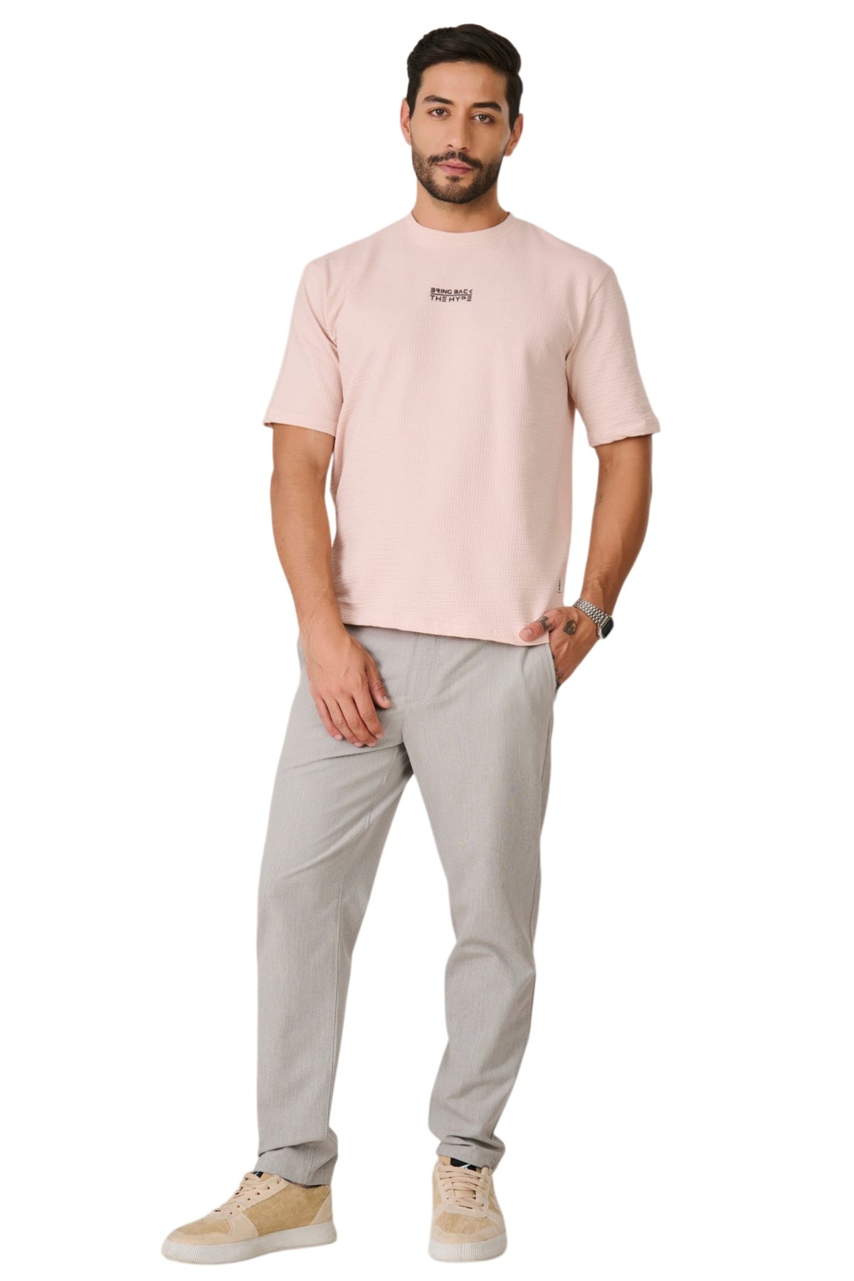 Buy Pink Textured Graphic T-Shirt Online Shopping view 5