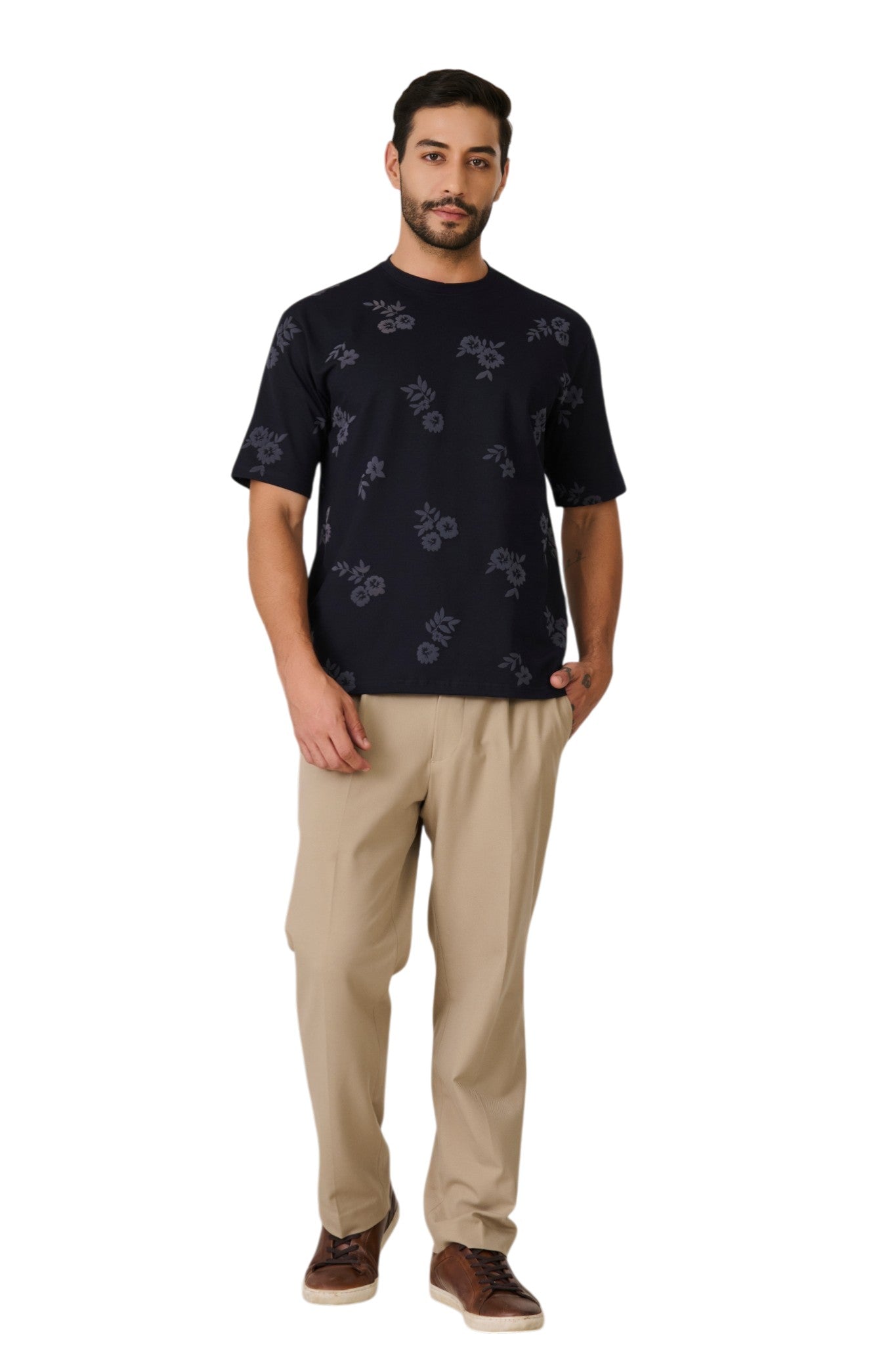 Buy Navy Floral Print T-Shirt Online Shopping view 5