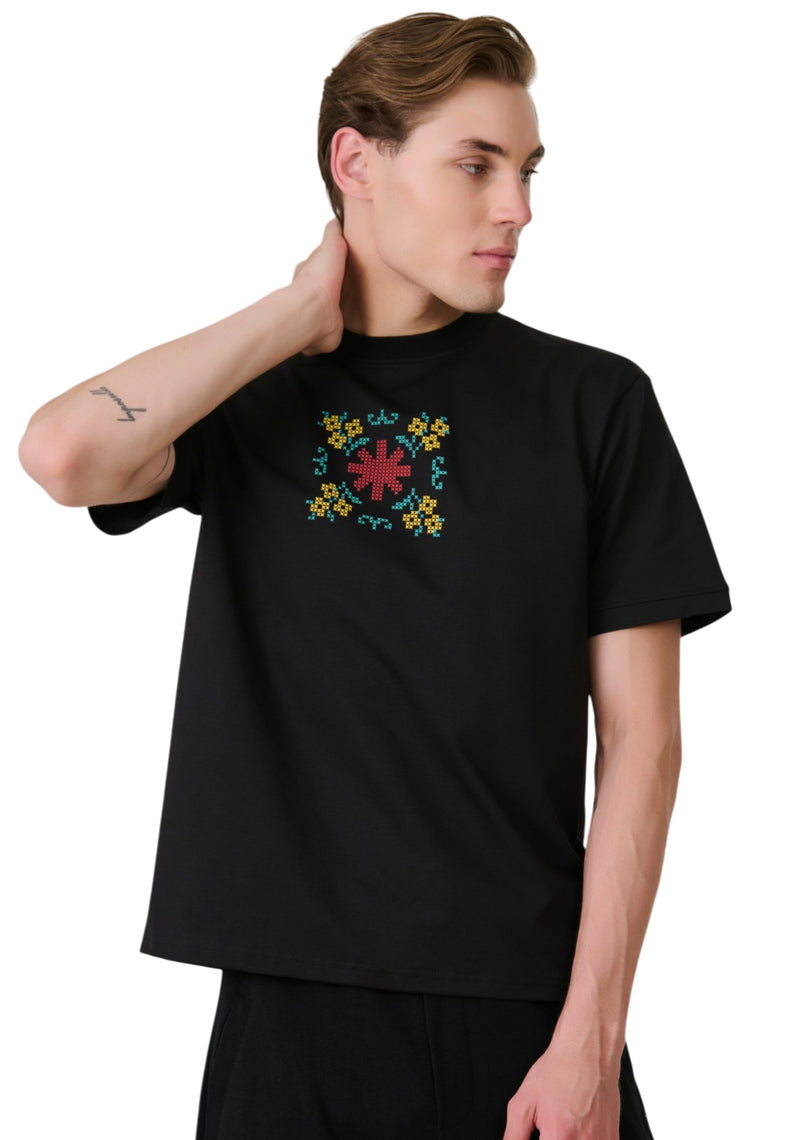 Black Cross-Stitch Graphic T-Shirt