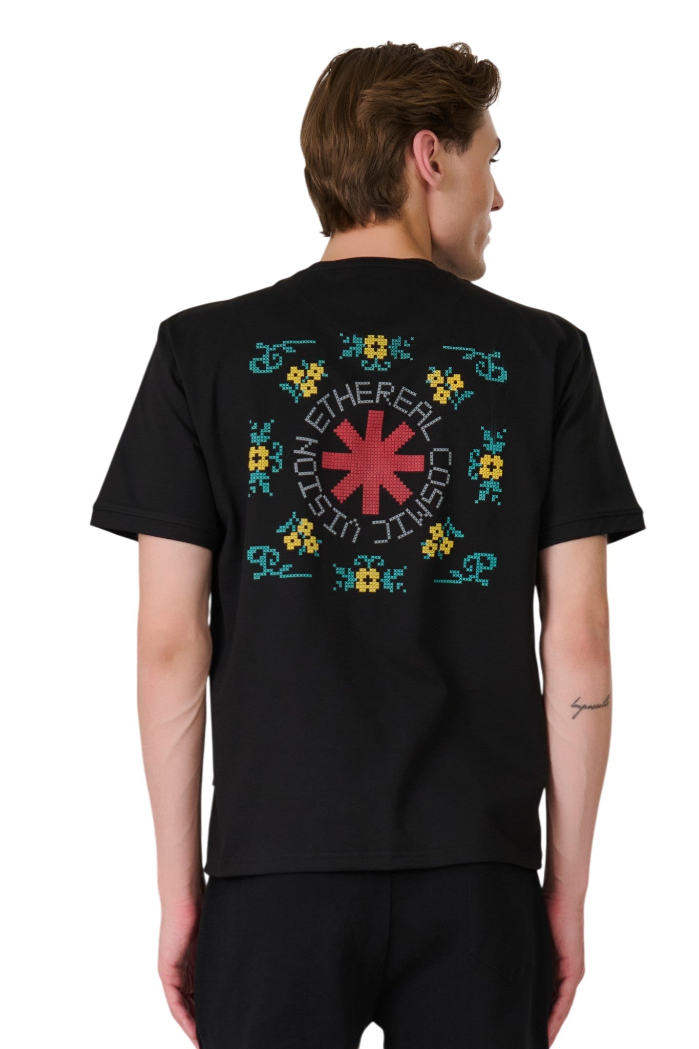 Buy Black Cross-Stitch Graphic T-Shirt Online Shopping view 2