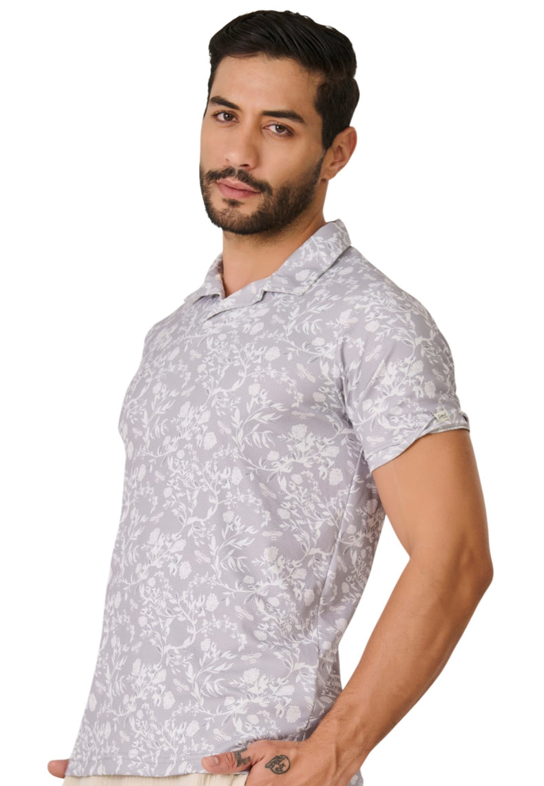 Grey Botanical Print Polo