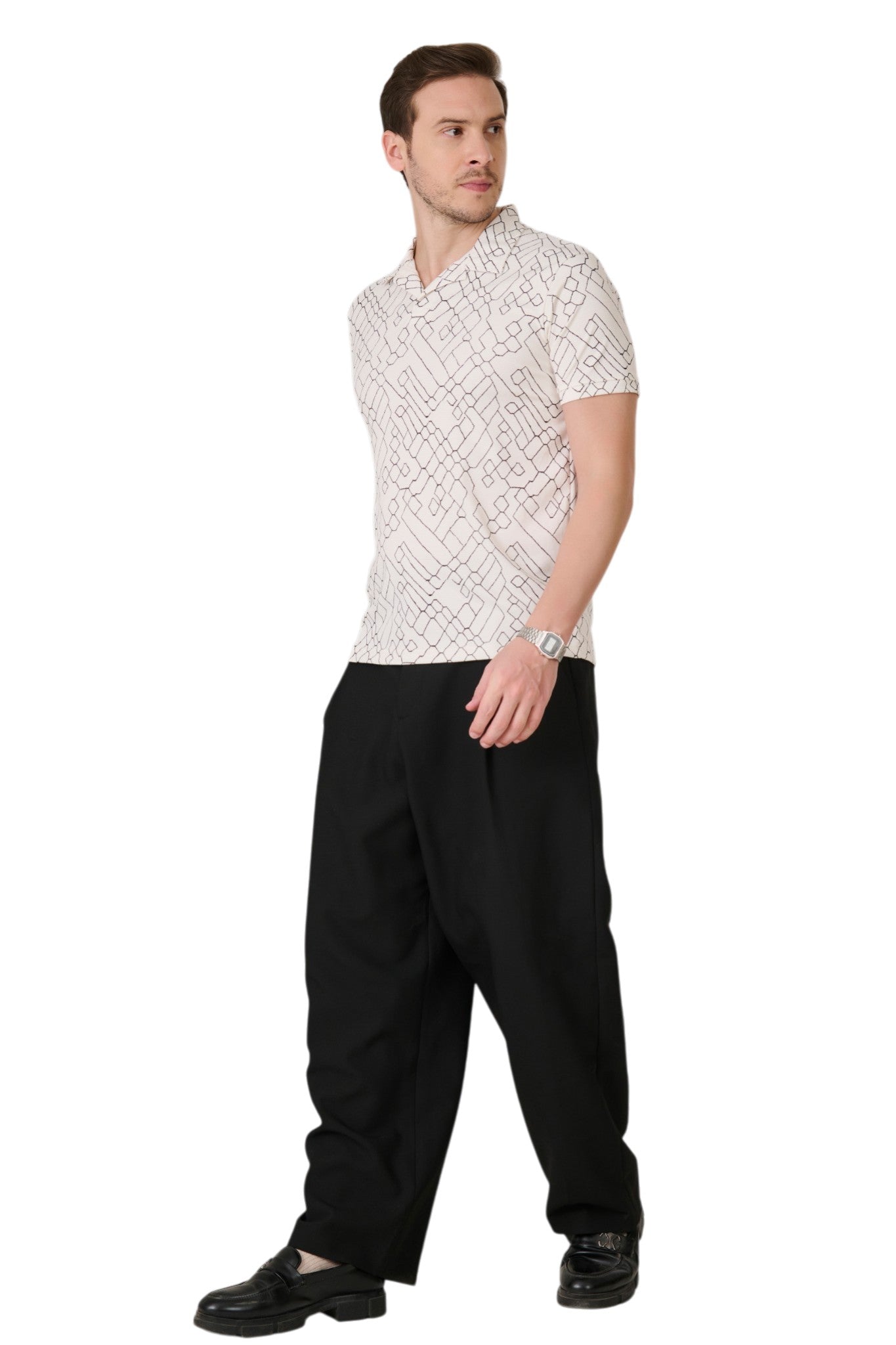 Buy O White Geometric Polo Online Shopping view 5