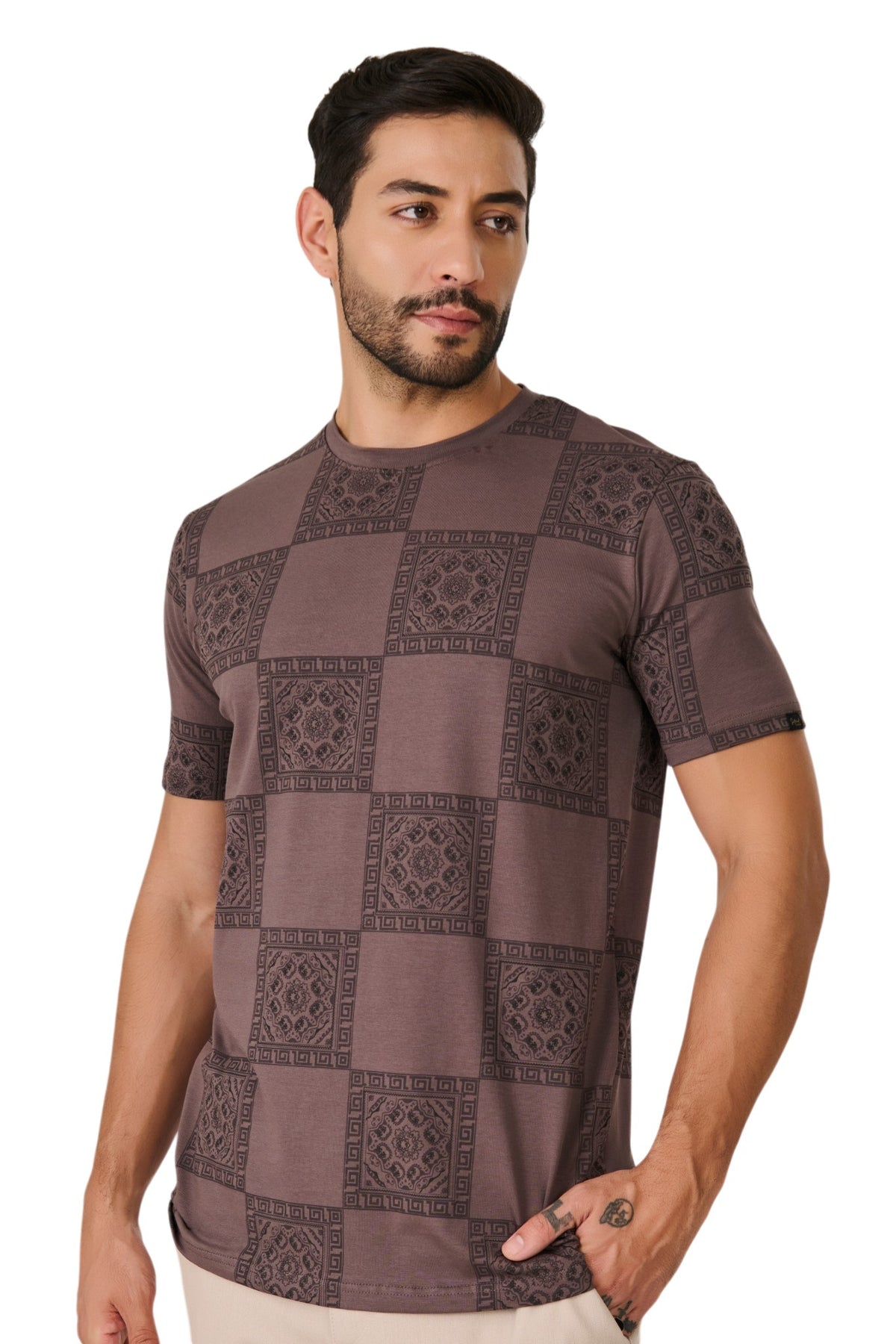 Buy Brown Geometric Print T-Shirt Online Shopping view 1