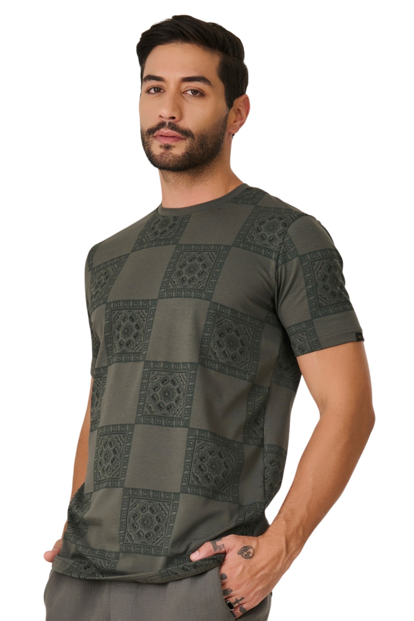 Buy Olive Ornamental Check T-Shirt Online Shopping view 2