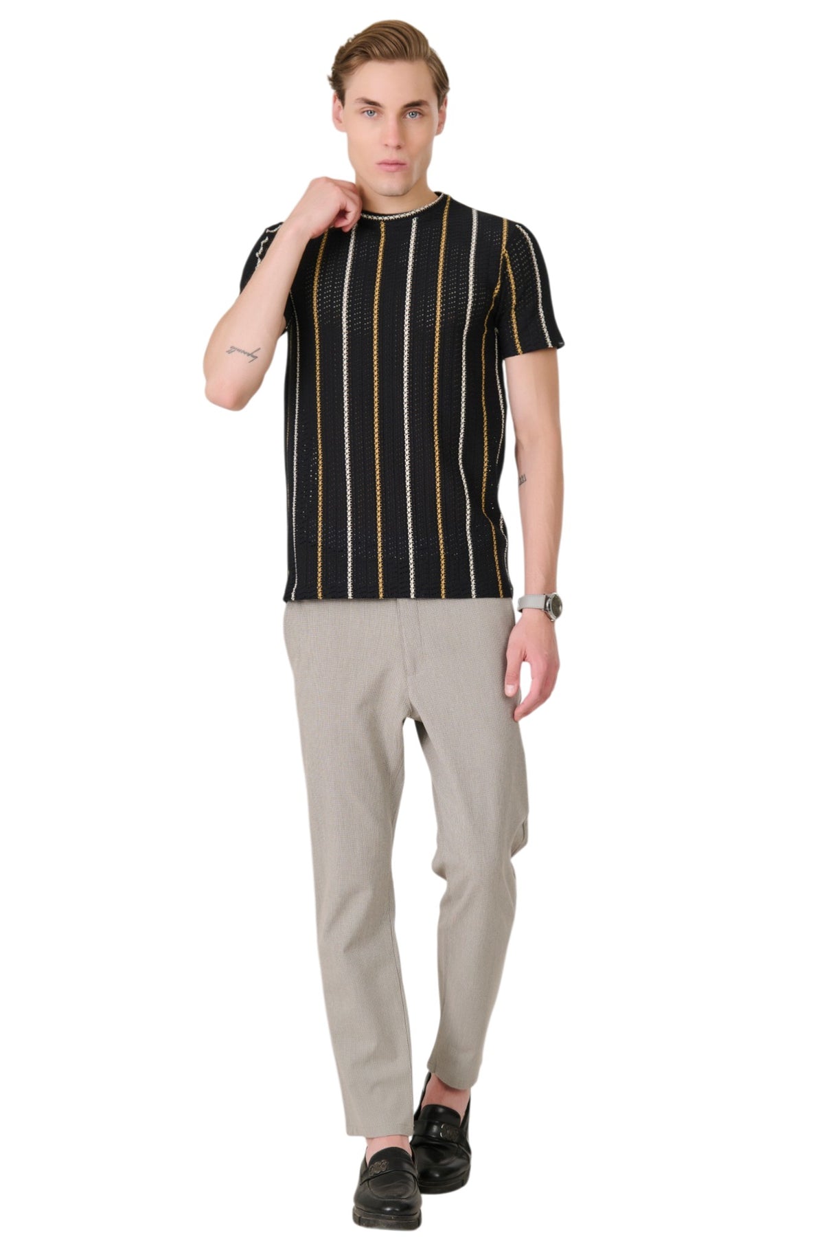Buy Black Textured Stripe T-Shirt Online Shopping view 5