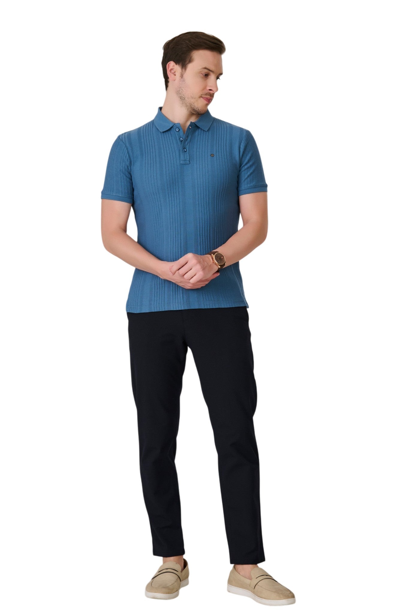 Buy Airforce Blue Textured Polo Online Shopping view 5