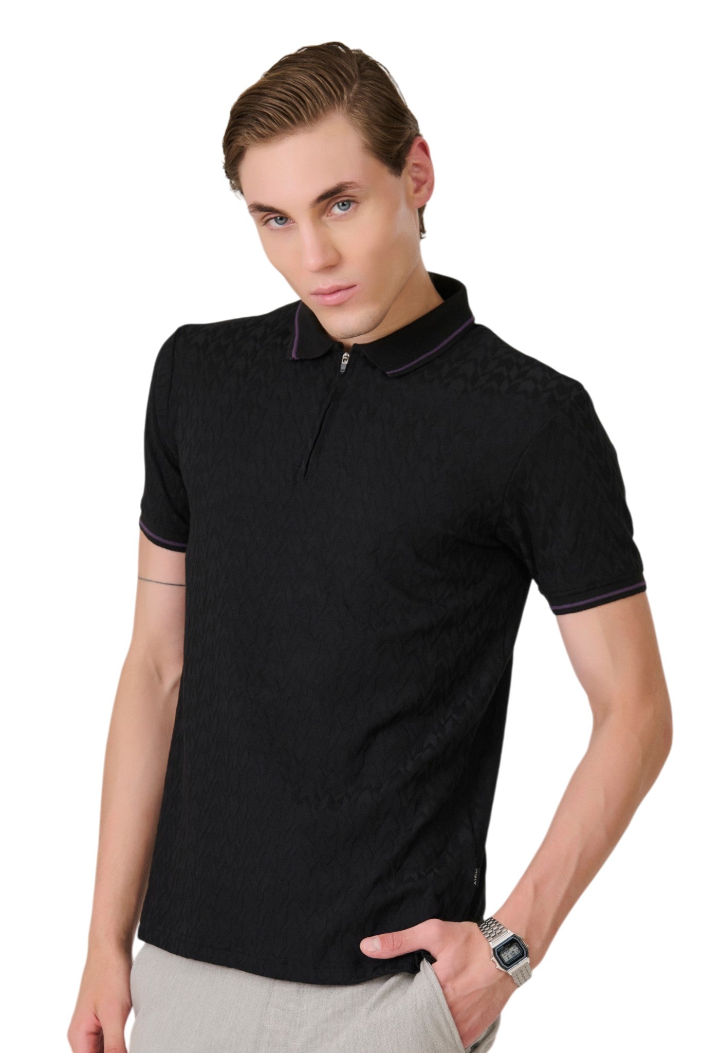 Buy Black Textured Zip Polo Online Shopping view 2