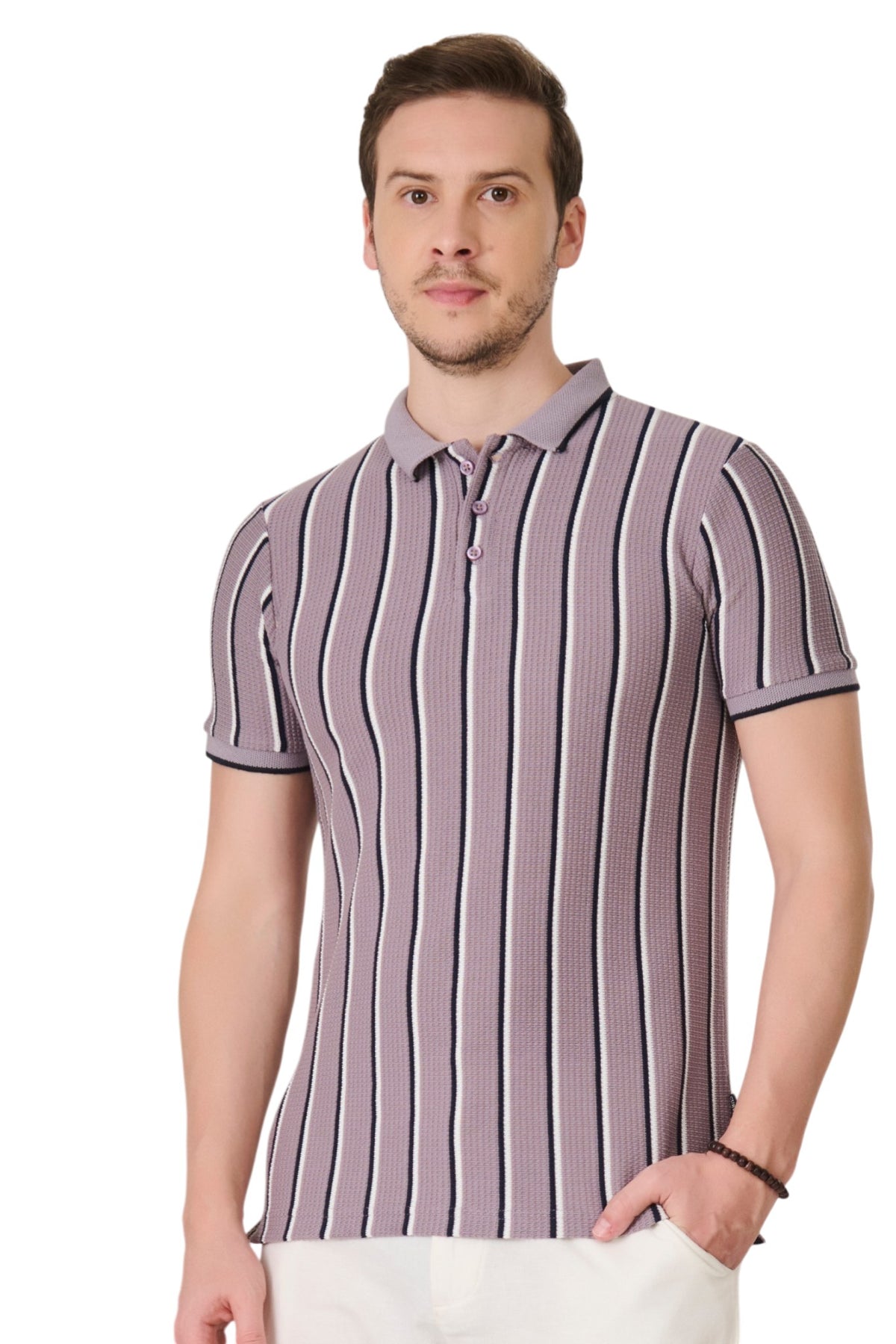 Buy Purple Vertical Stripe Polo Online Shopping view 2