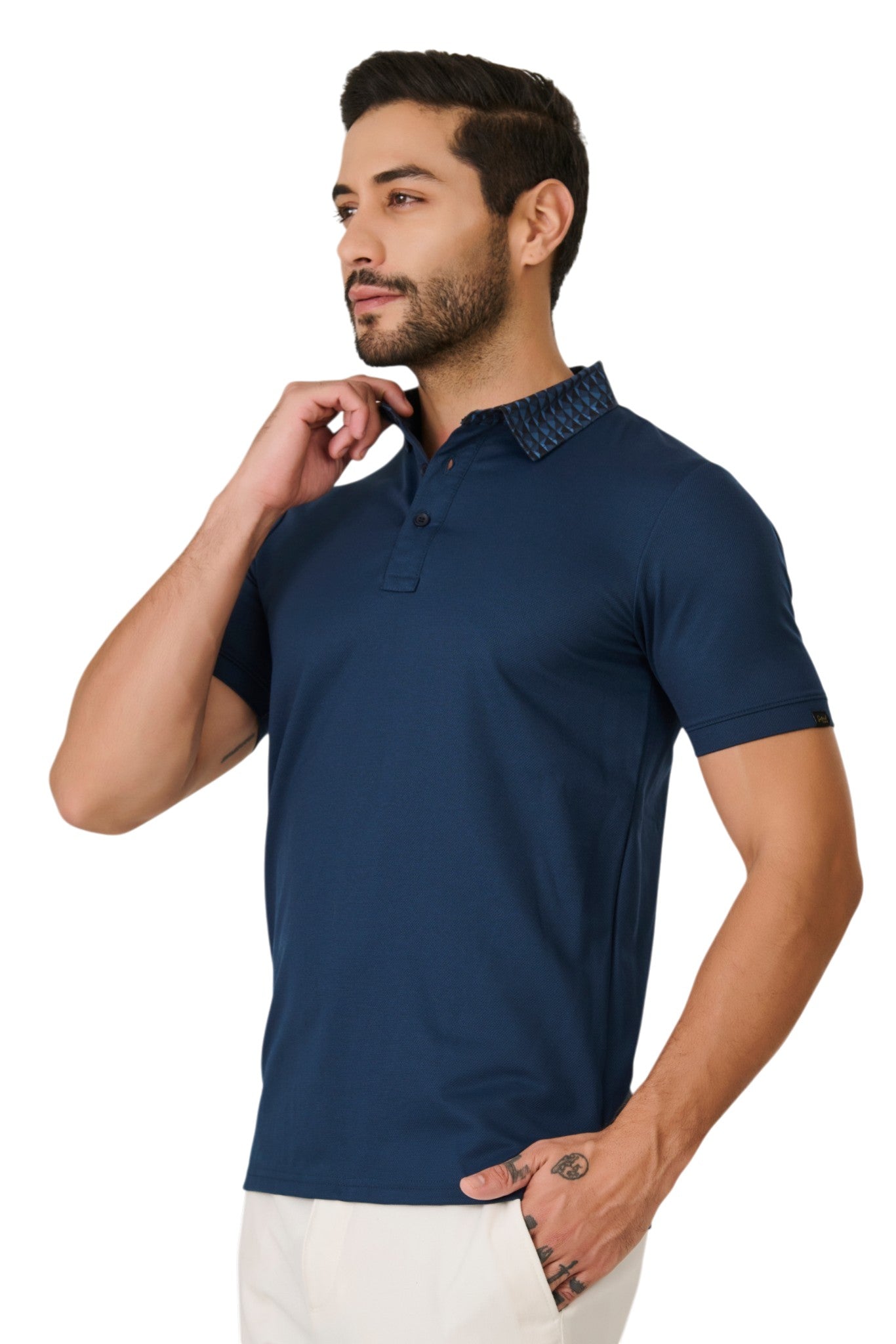 Buy Teal Geometric Collar Polo Online Shopping view 2