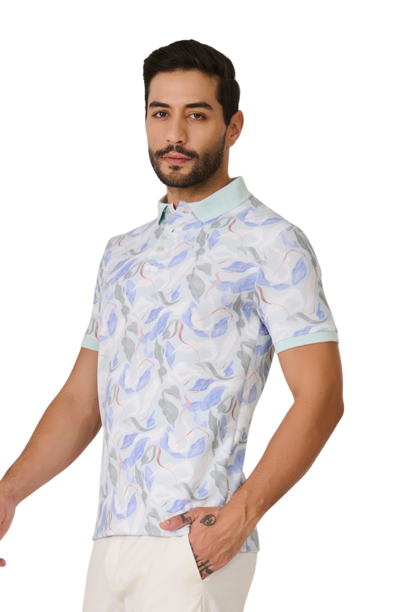 Buy Mint Pastel Floral Polo Online Shopping view 3