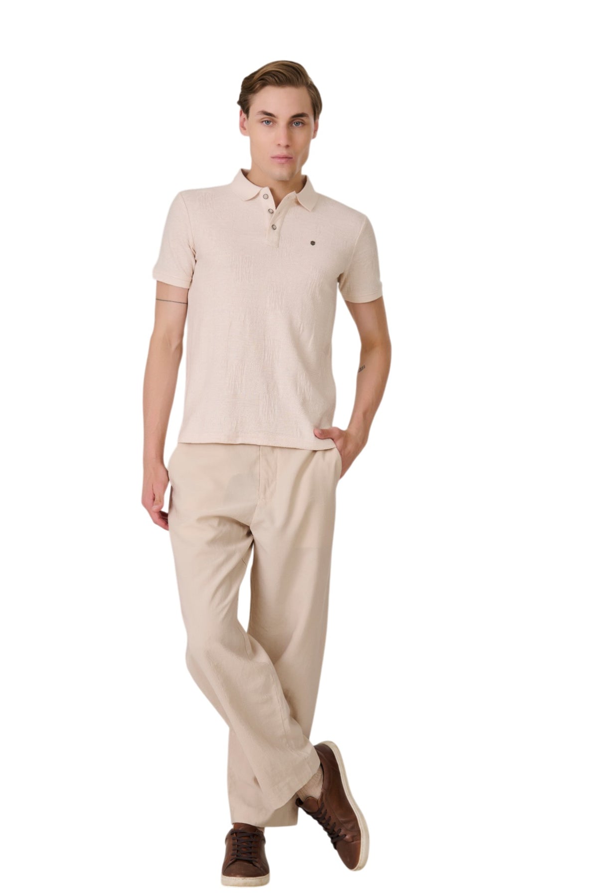 Buy Oatmealmil Textured Polo T-Shirt Online Shopping view 5