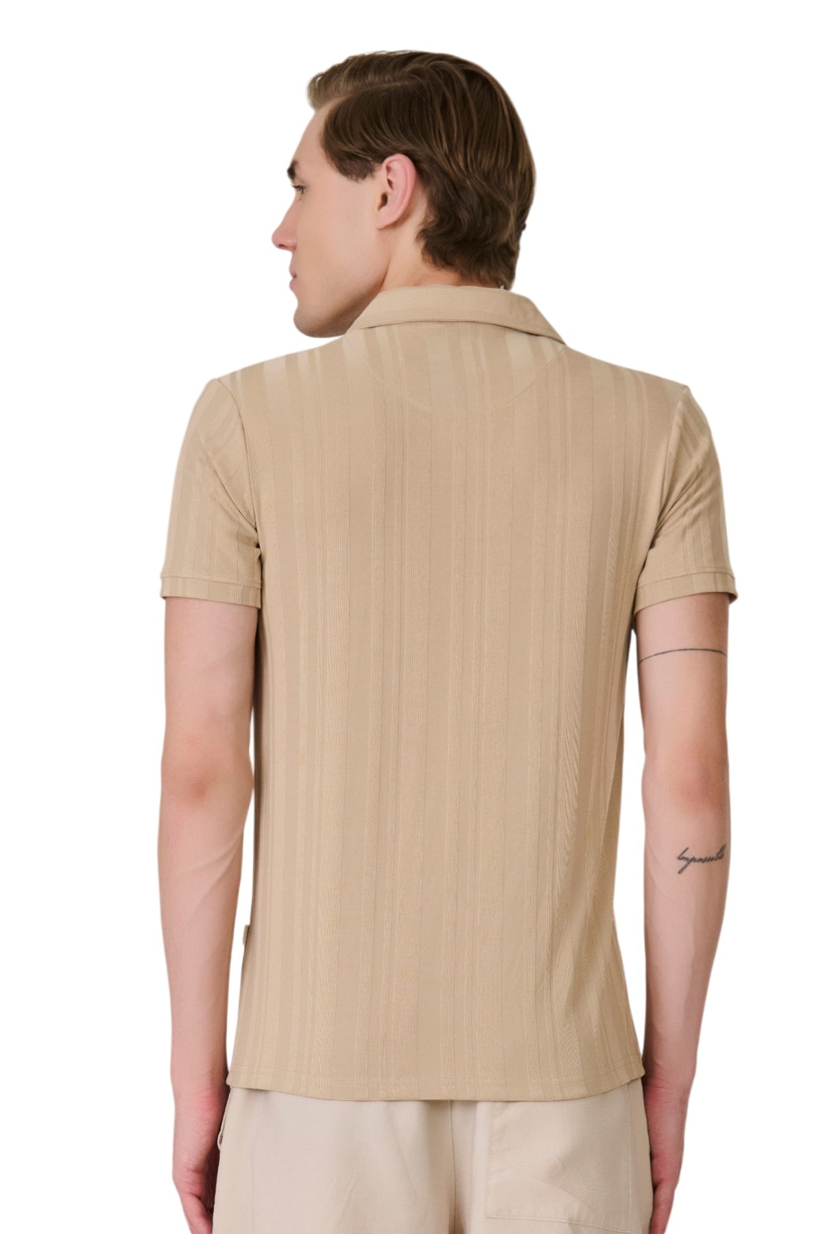 Buy Beige Striped Textured Polo Online Shopping view 4