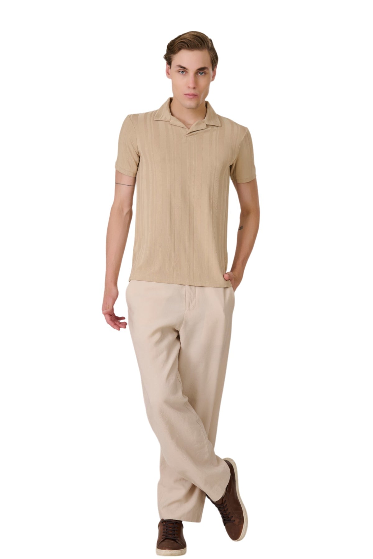 Buy Beige Striped Textured Polo Online Shopping view 5