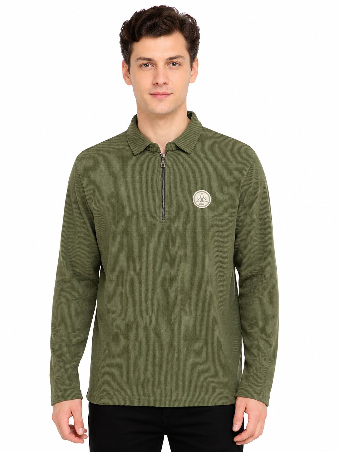 Buy Olive Zip Collar T-Shirt Online Shopping view 1