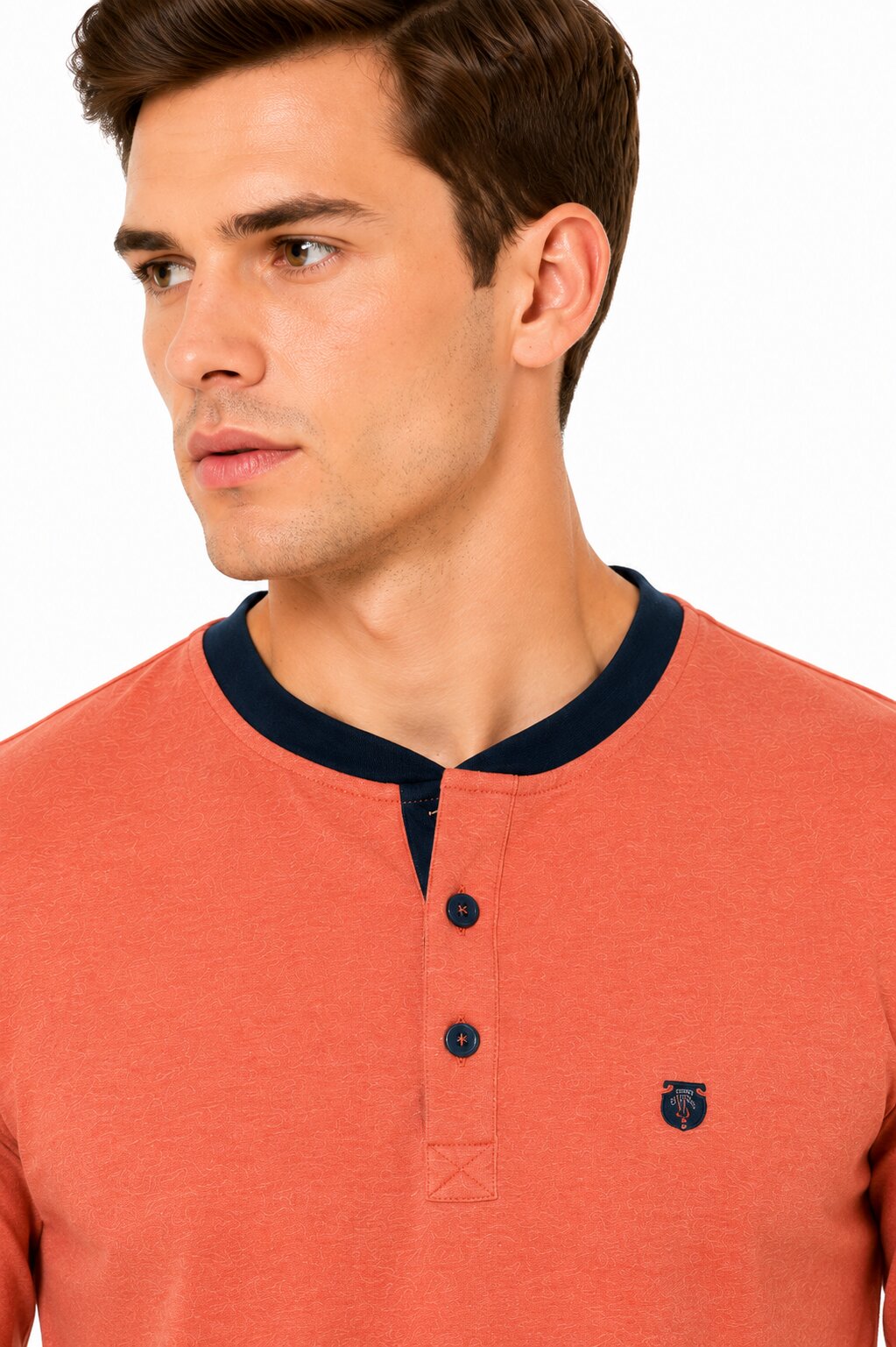 Buy Orange Contrast Collar Henley Online Shopping view 3