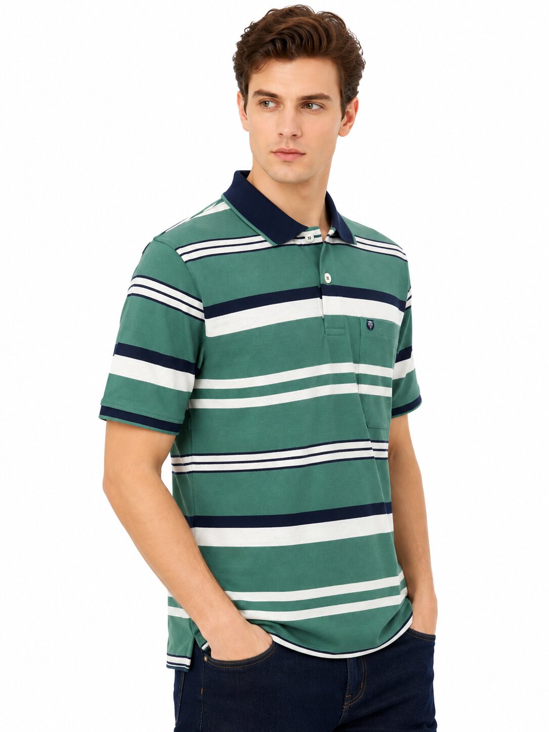 Buy Green Striped Polo T-Shirt Online Shopping view 4