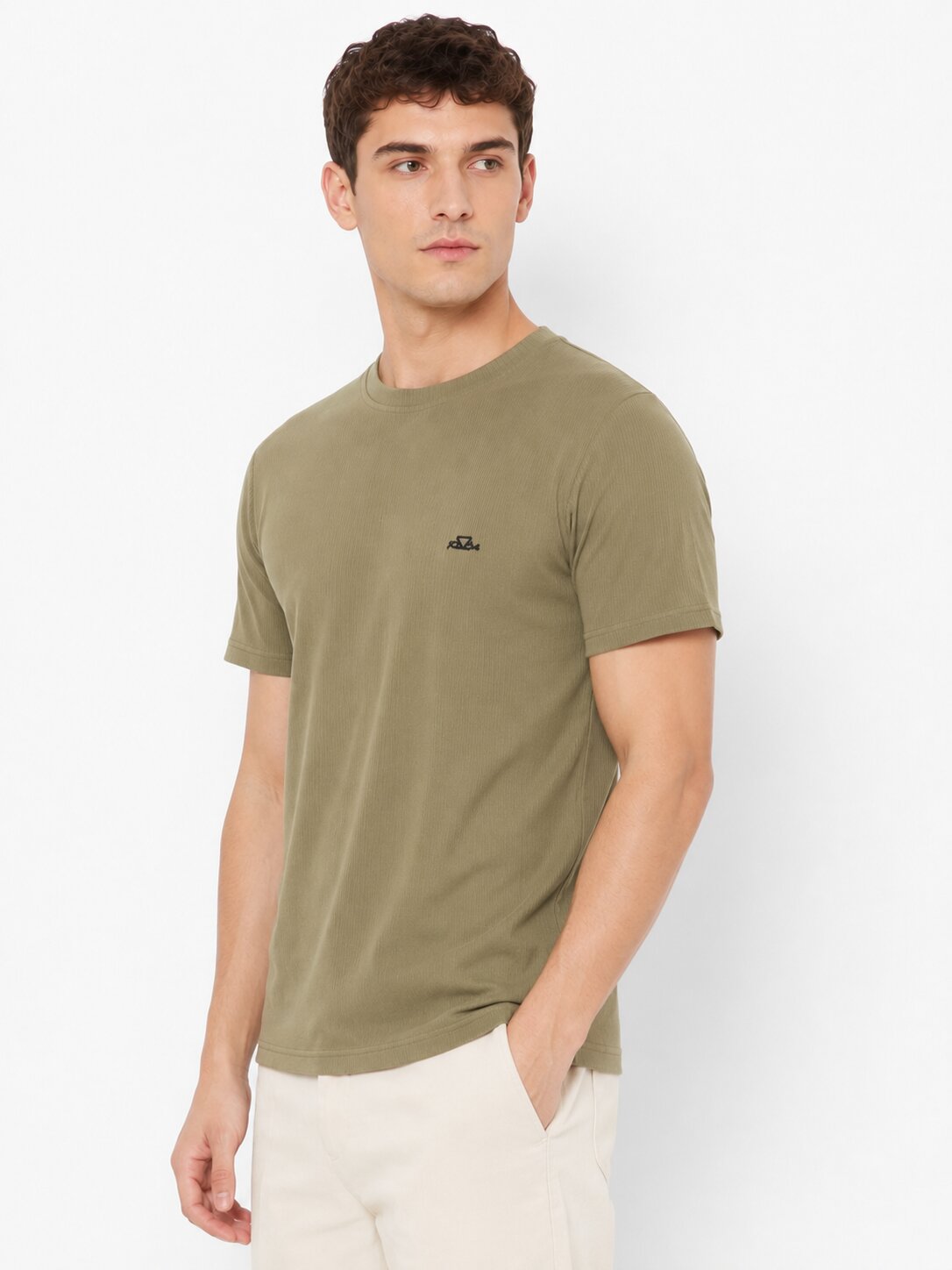 Buy Olive Ribbed Crew T-Shirt Online Shopping view 5