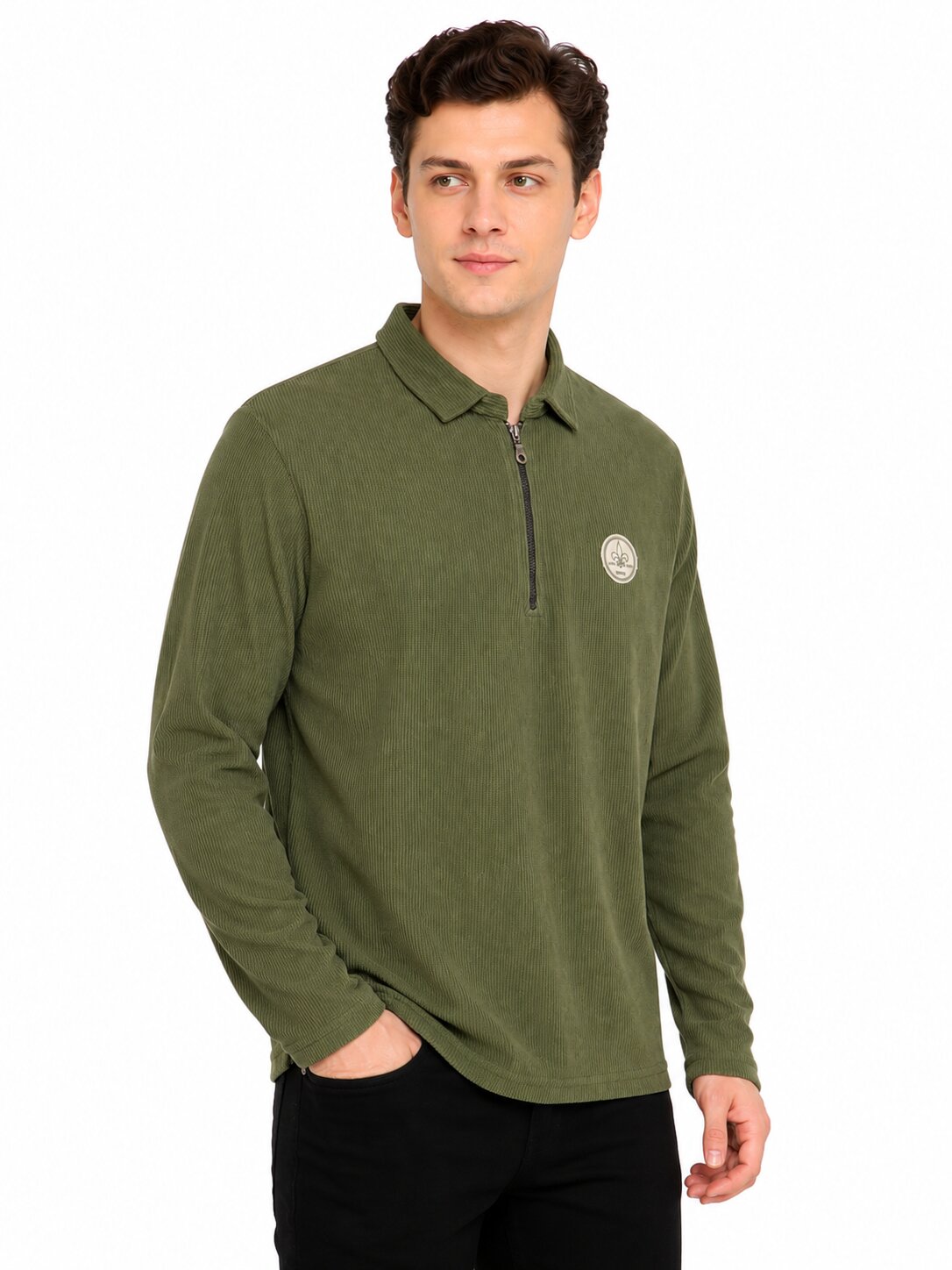 Buy Olive Zip Collar T-Shirt Online Shopping view 5
