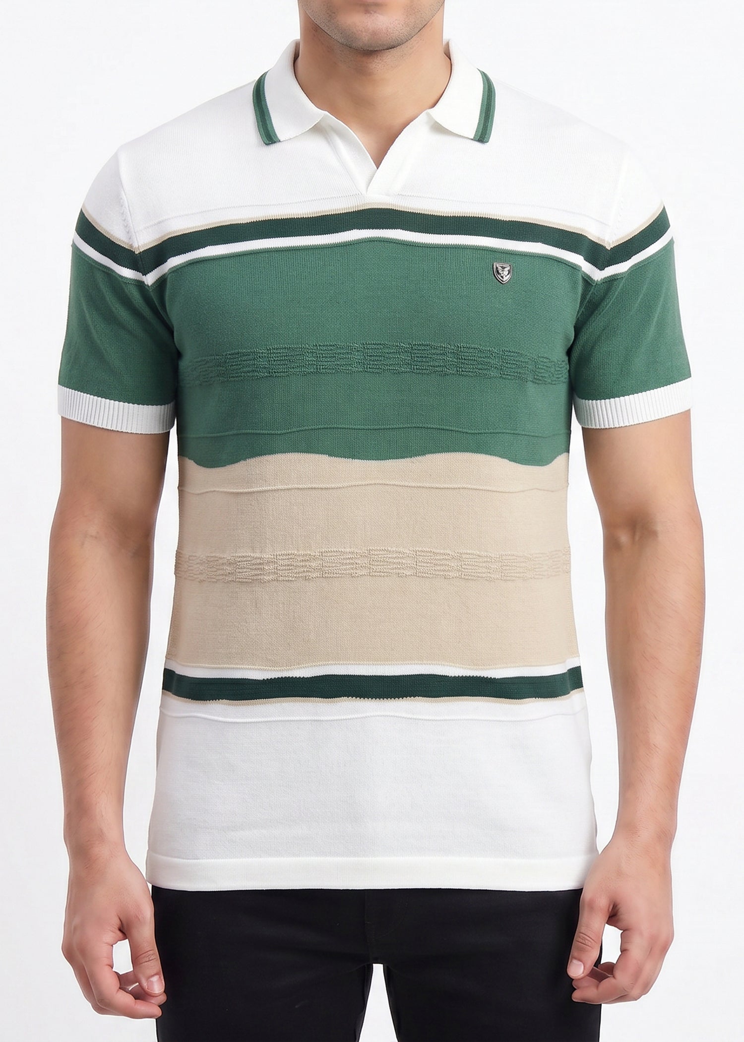 Buy White green-beige-striped-polo-tshirt Online Shopping view 3