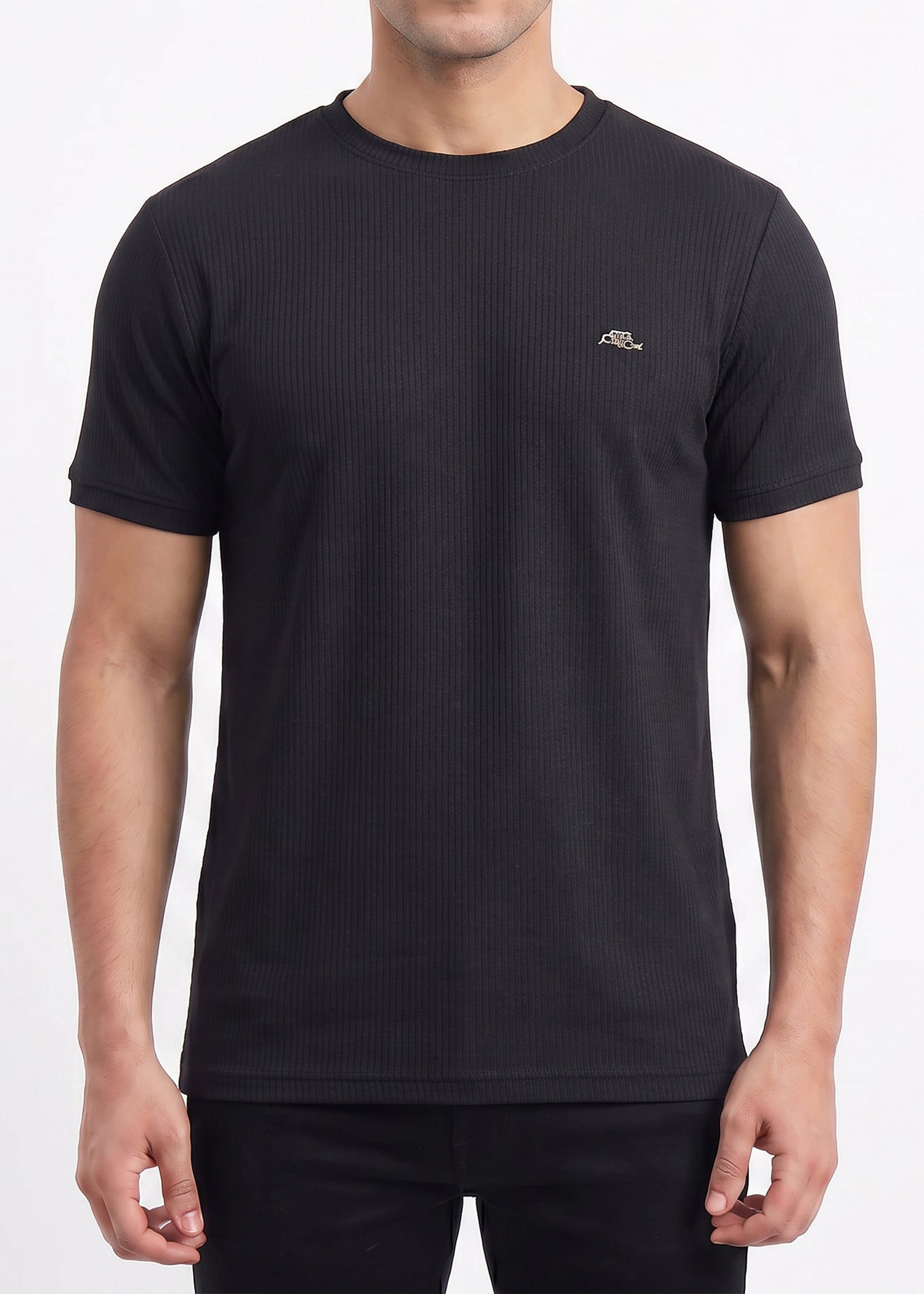 Buy Black-textured-solid-tshirt Online Shopping view 3