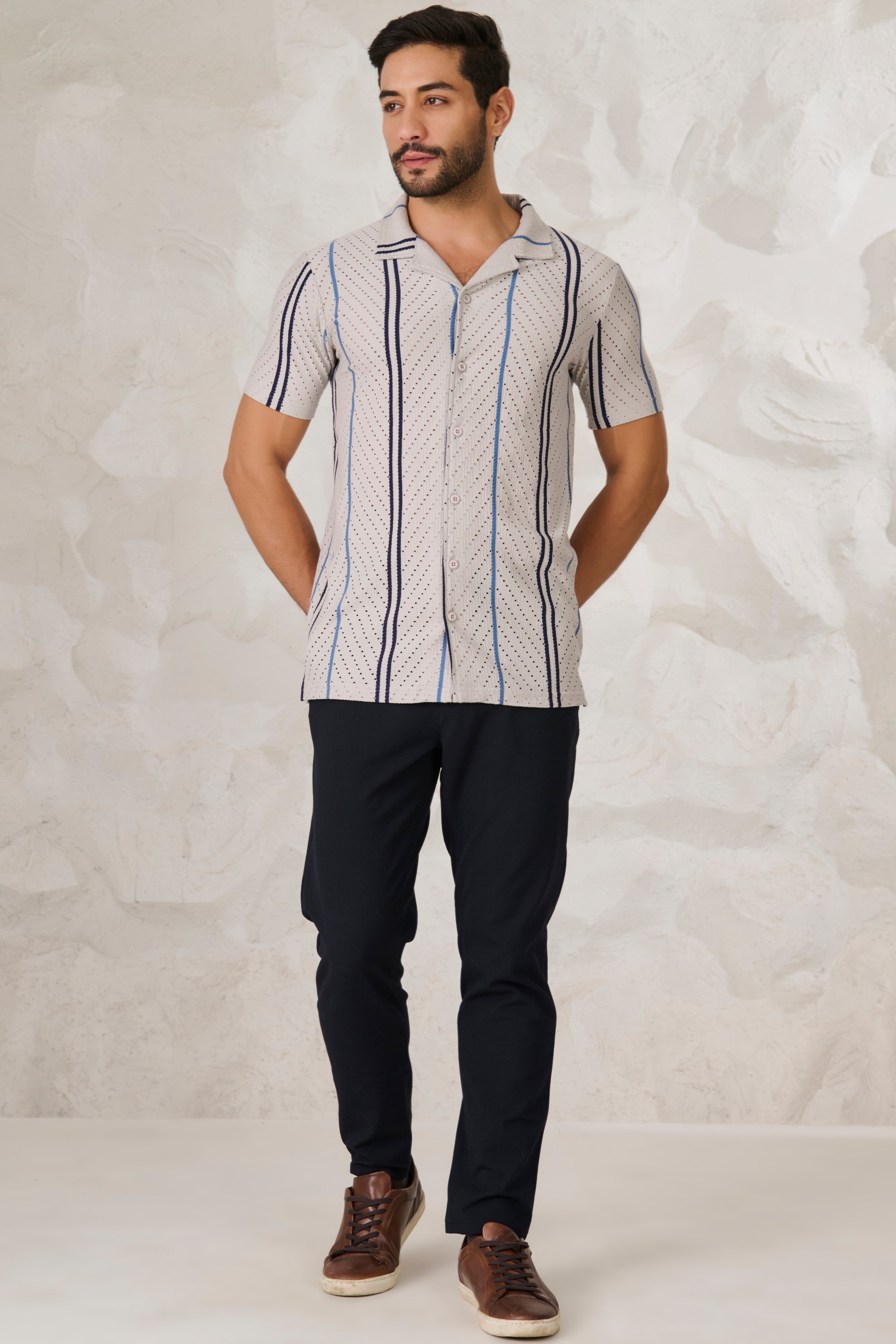 Buy Herringbone Air Vents Cuban Shirt - Gray Online Shopping view 5