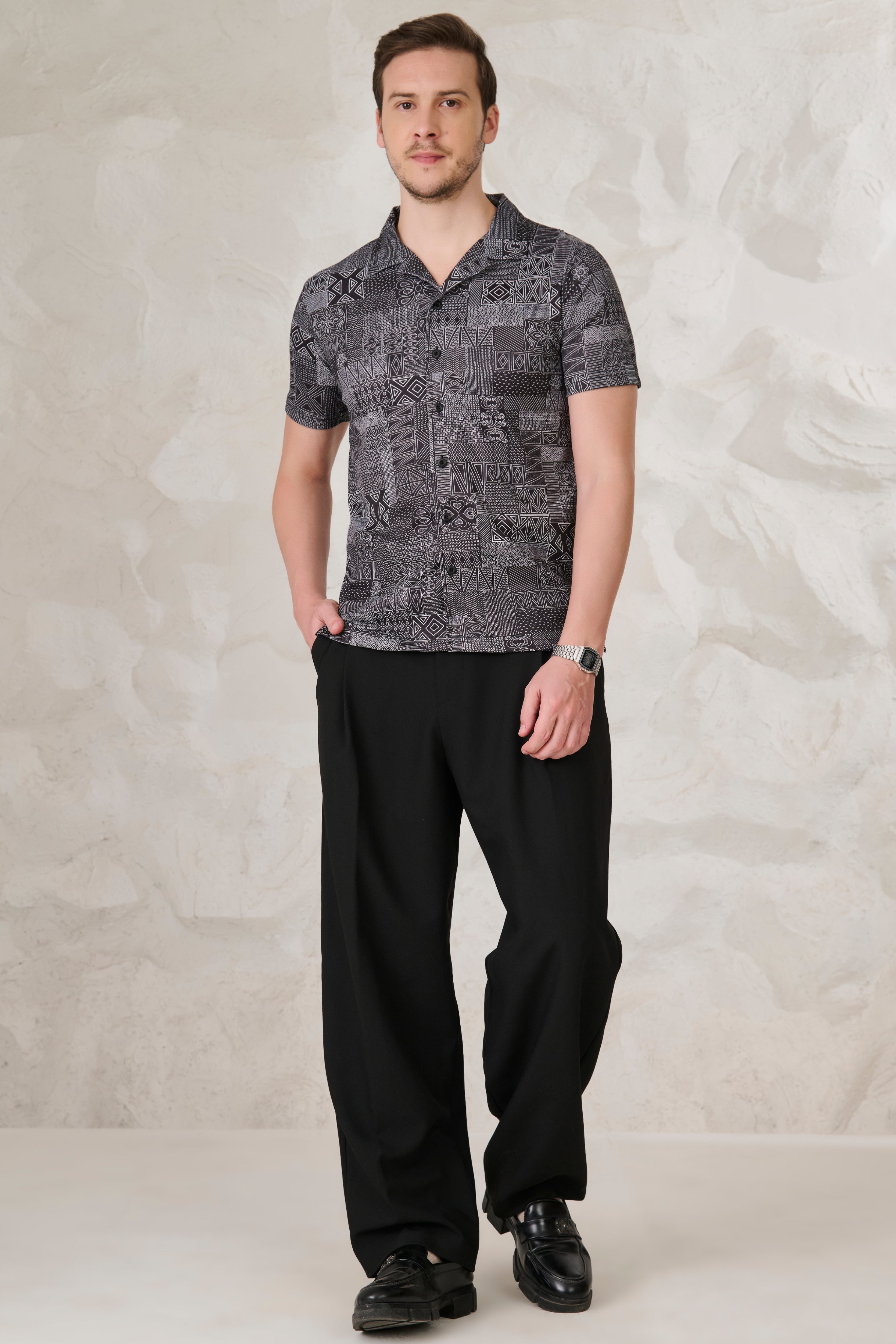 Buy Abstract Collage Cuban Shirt - Black Online Shopping view 5