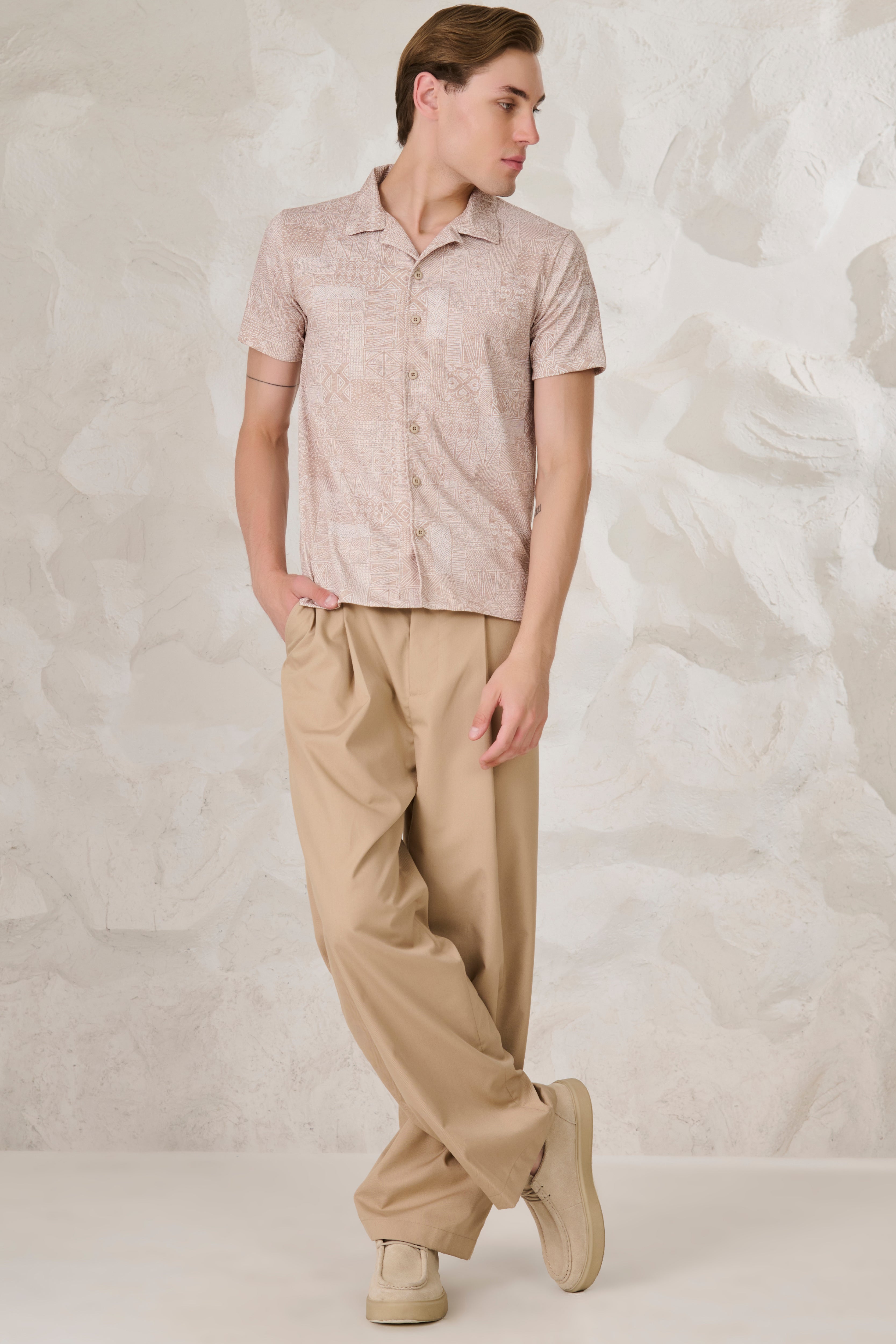 Buy Abstract Collage Cuban Shirt - Khaki Online Shopping view 5