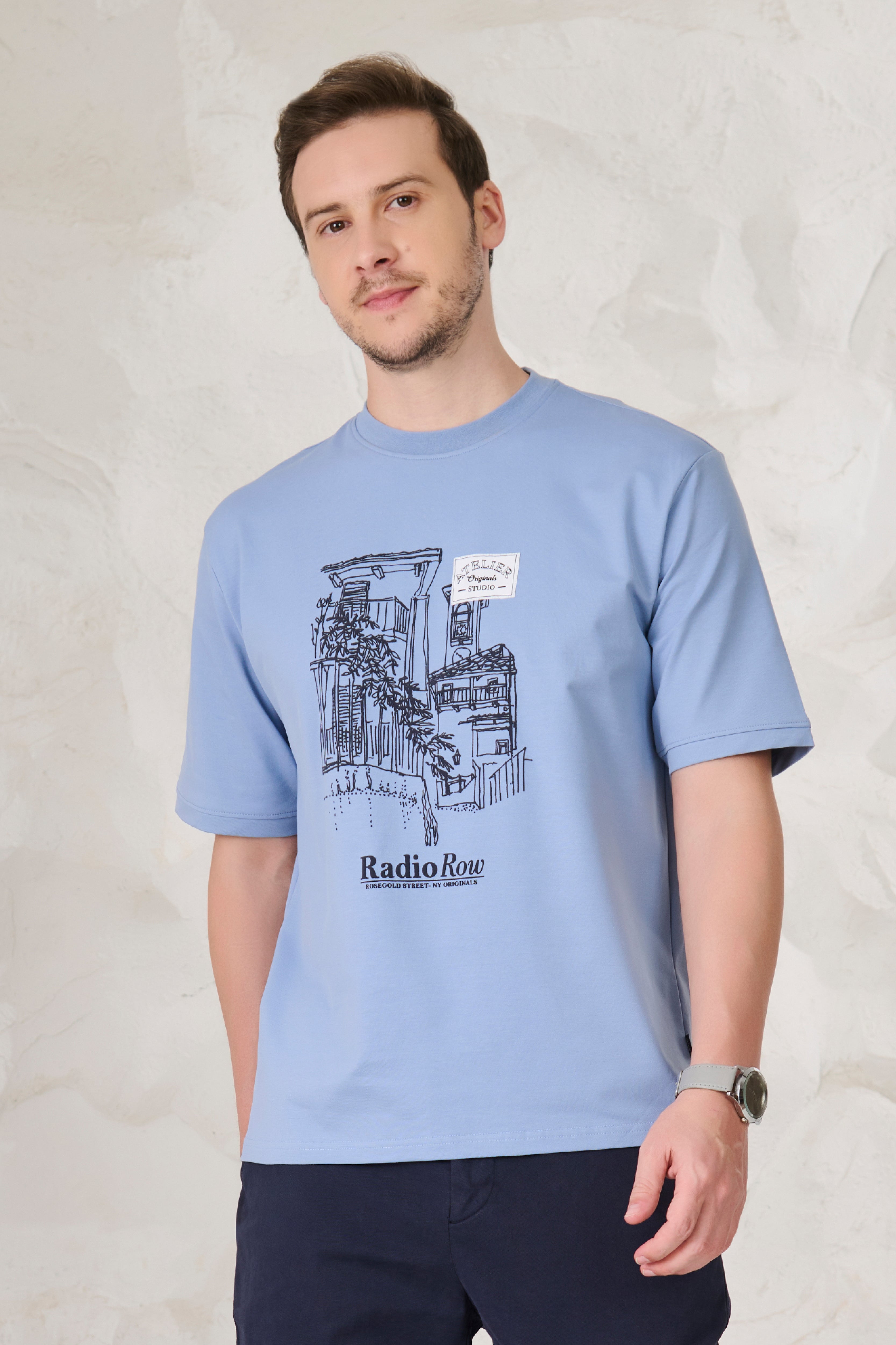Buy Row Graphic Oversized Stretch T-Shirt - Sky Blue Online Shopping view 1