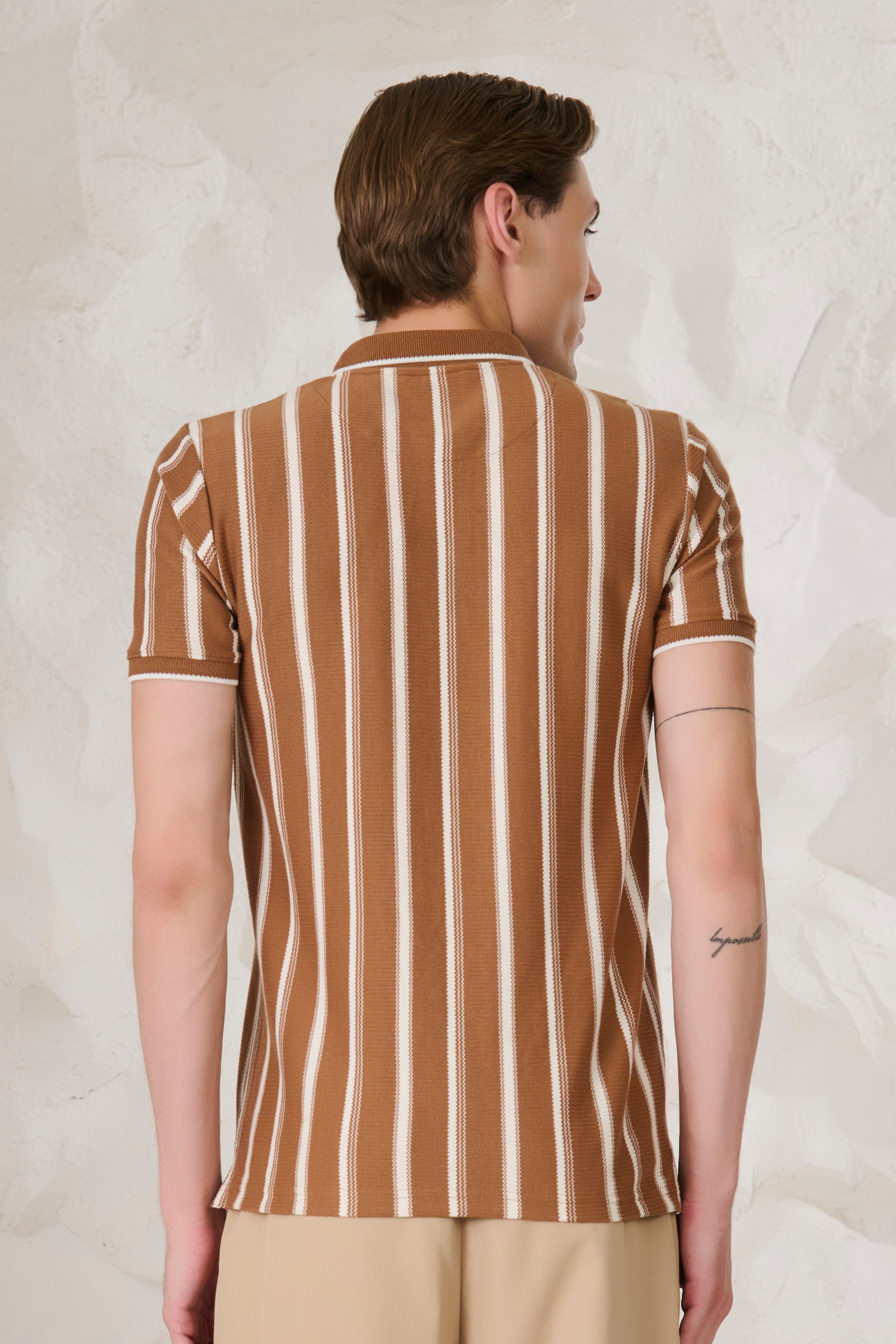 Buy Broad Stripe Textured Polo - Mud Online Shopping view 3