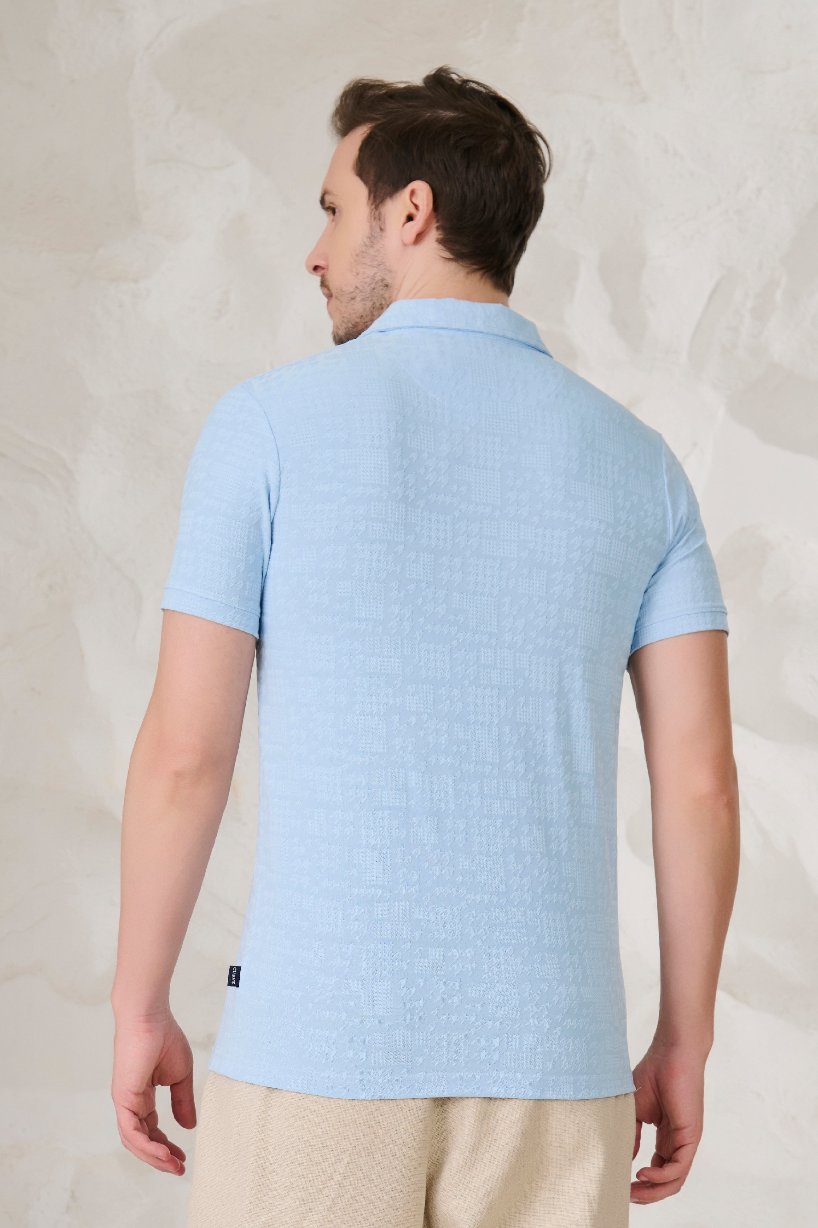 Buy Dogtooth Textured Cuban T-Shirt - Sky Online Shopping view 3