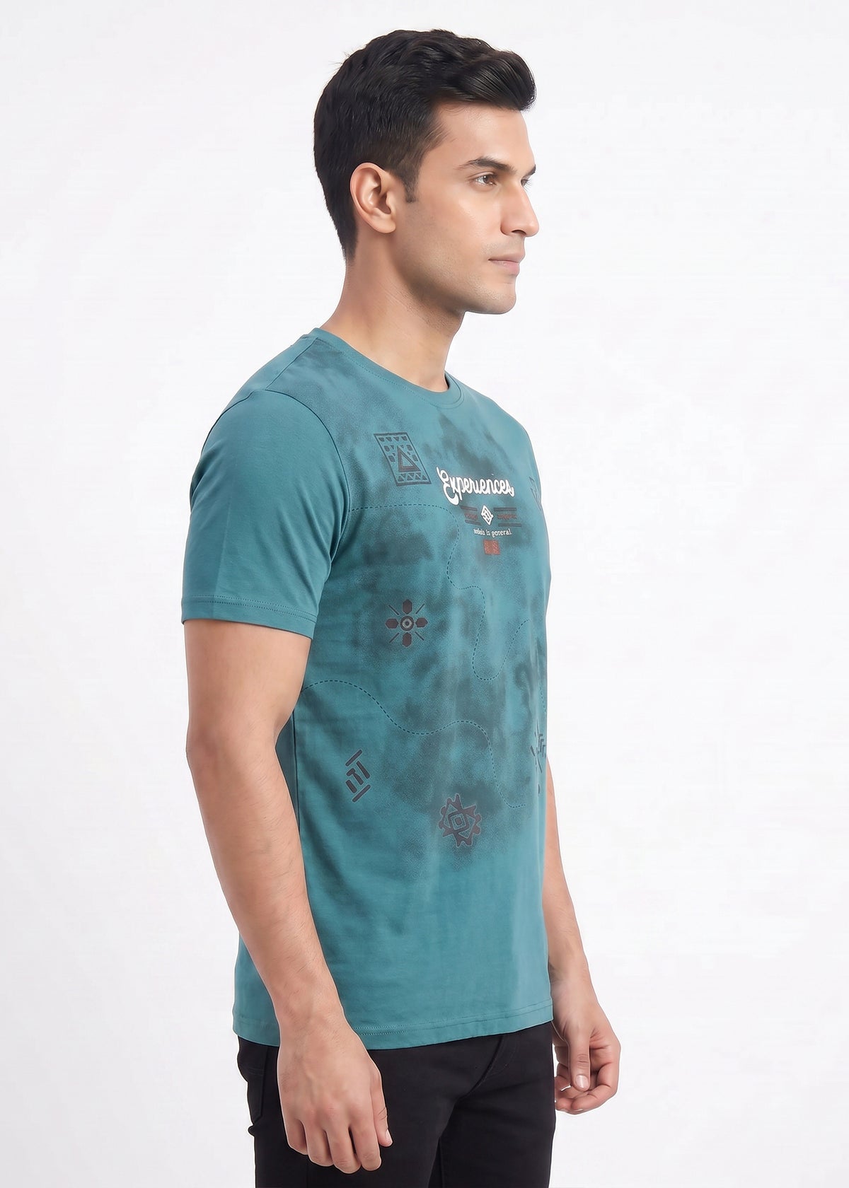 Buy Teal-graphic-print-cotton-tshirt Online Shopping view 5
