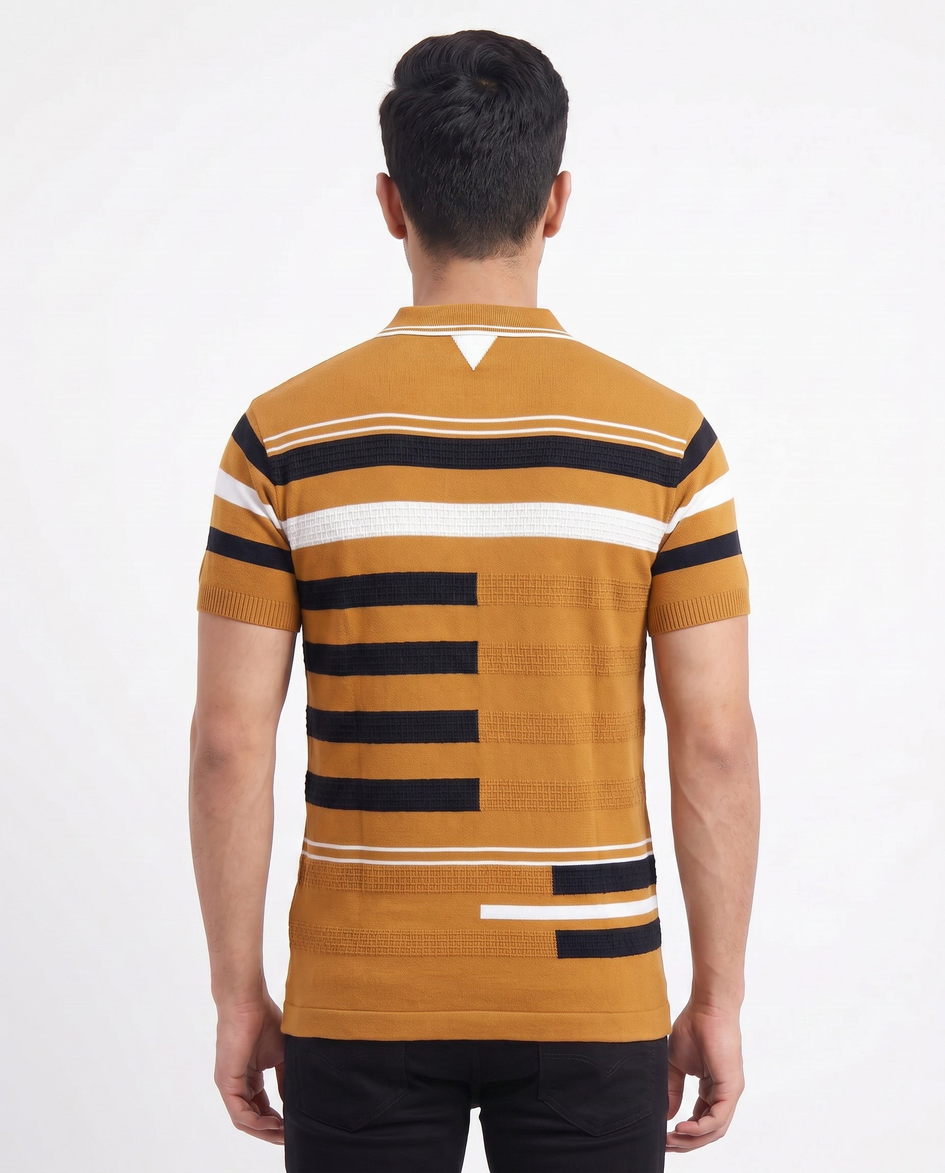Buy Almond textured-striped-polo-tshirt Online Shopping view 2