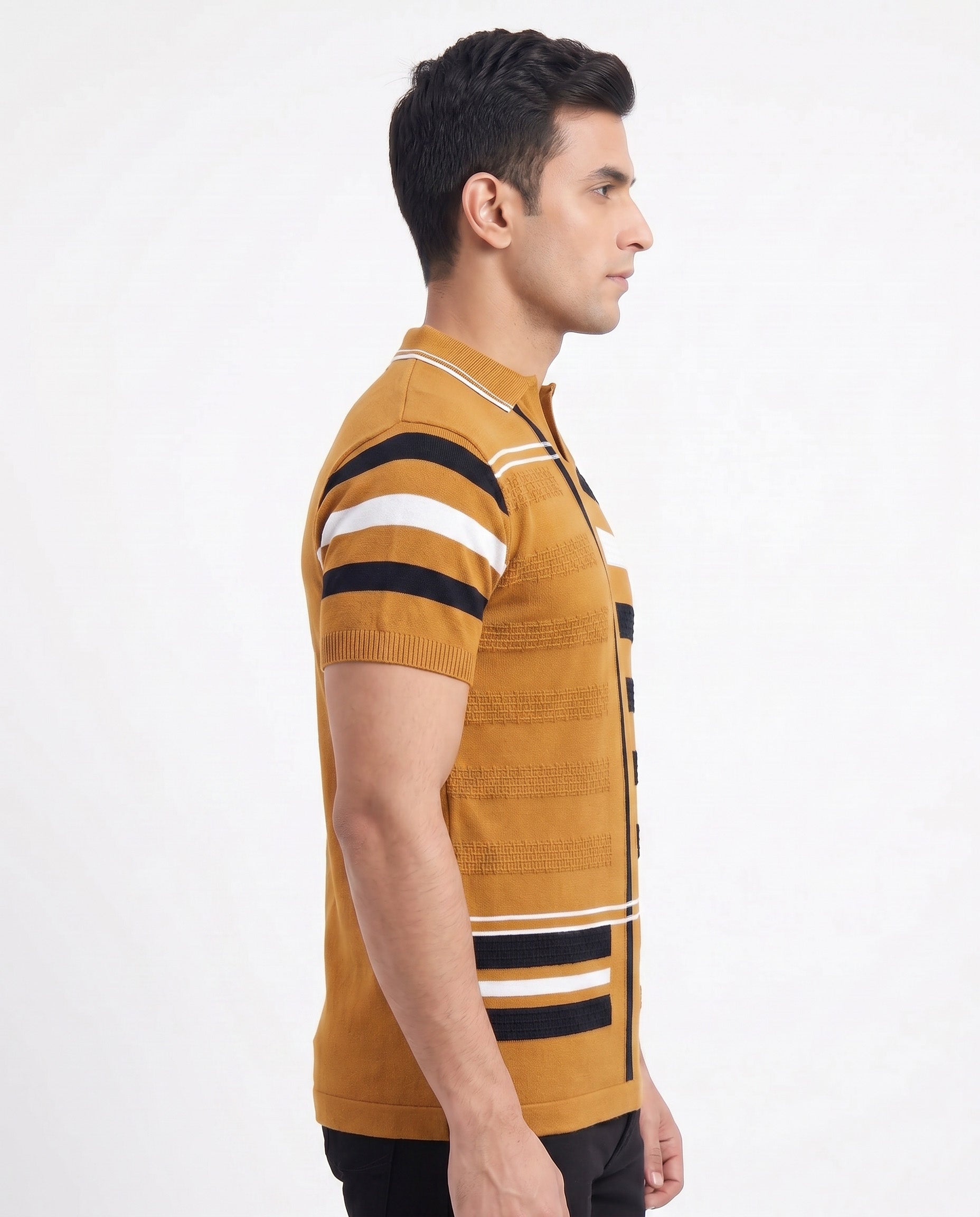 Buy Almond textured-striped-polo-tshirt Online Shopping view 5