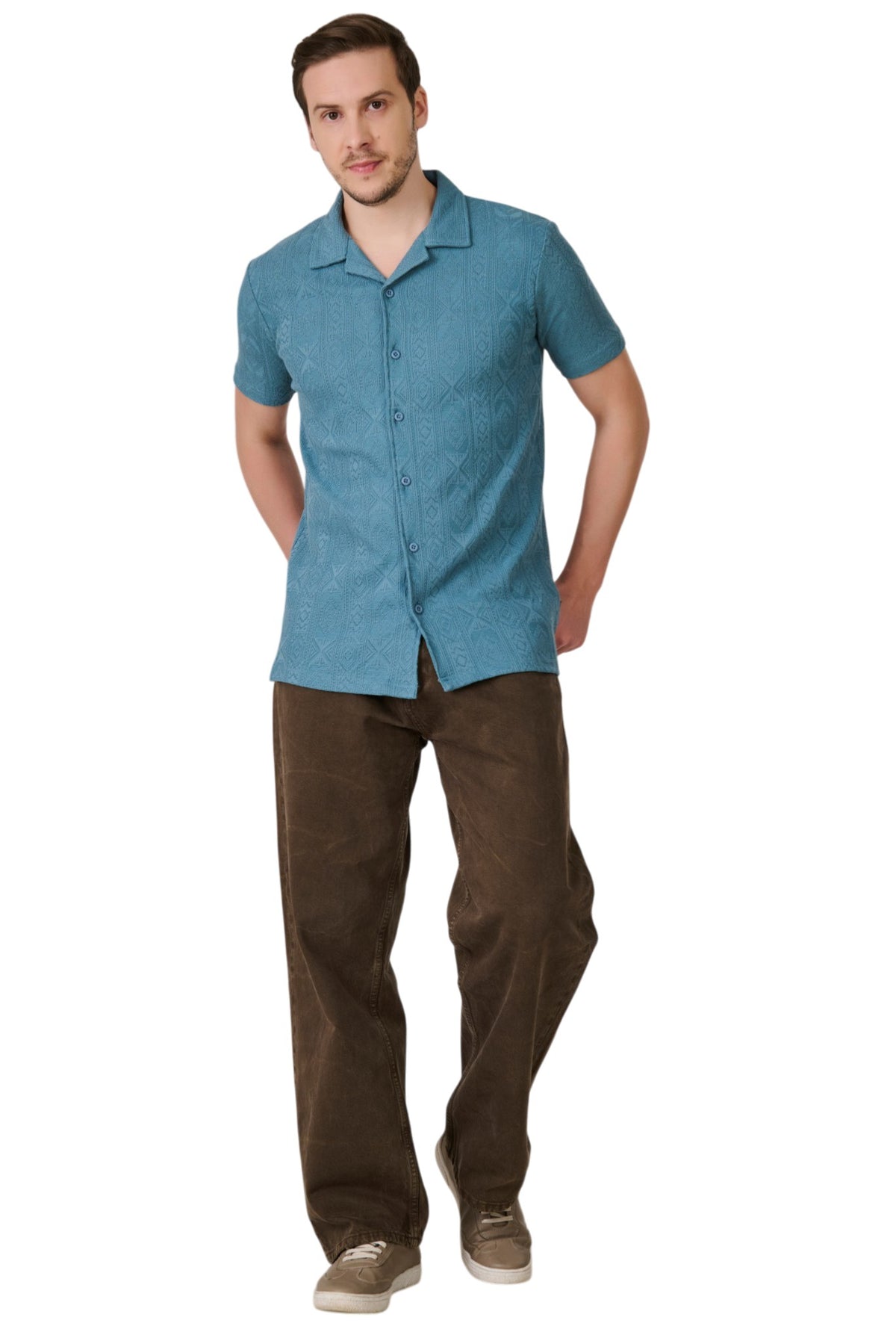 Buy Teal Textured Resort Shirt Online Shopping view 5