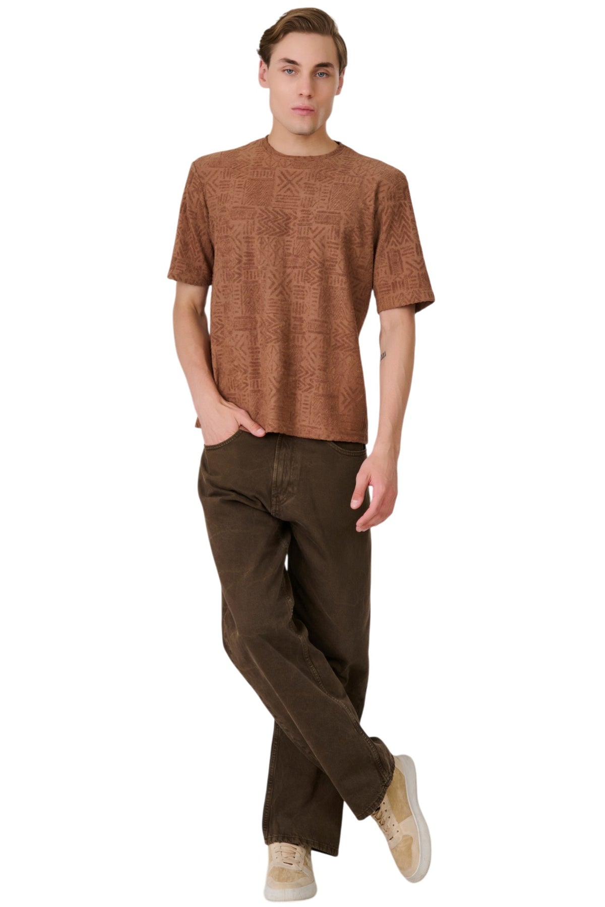 Buy Teal Textured Pattern T-Shirt Online Shopping view 5