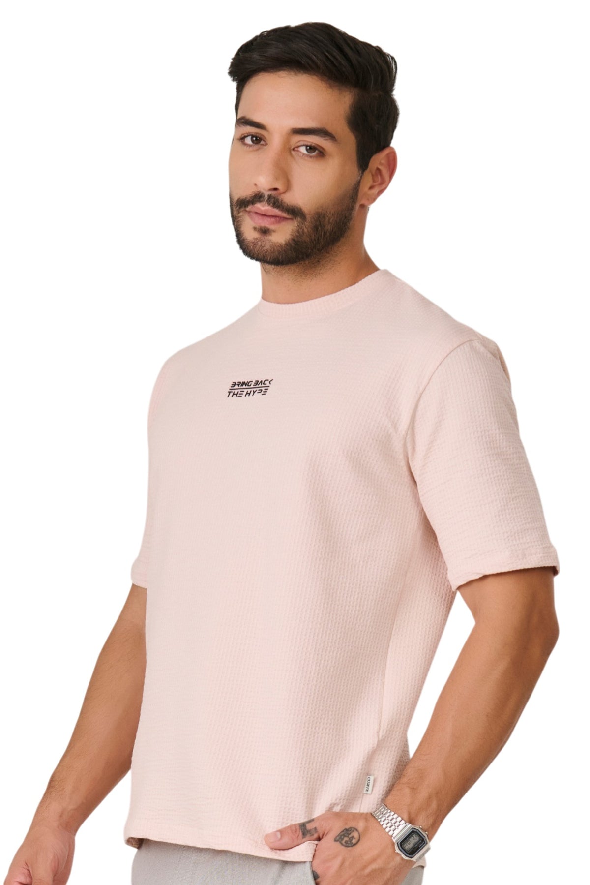 Buy Pink Textured Graphic T-Shirt Online Shopping view 2