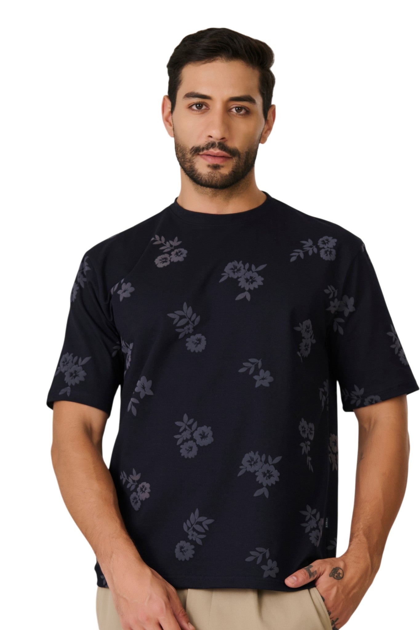 Buy Navy Floral Print T-Shirt Online Shopping view 1