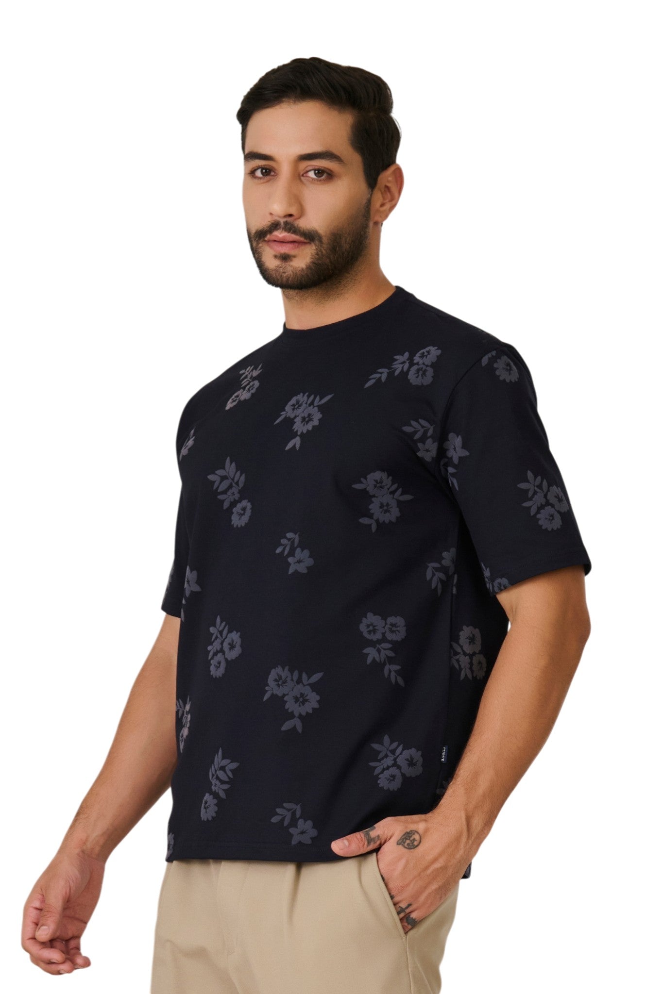 Buy Navy Floral Print T-Shirt Online Shopping view 2