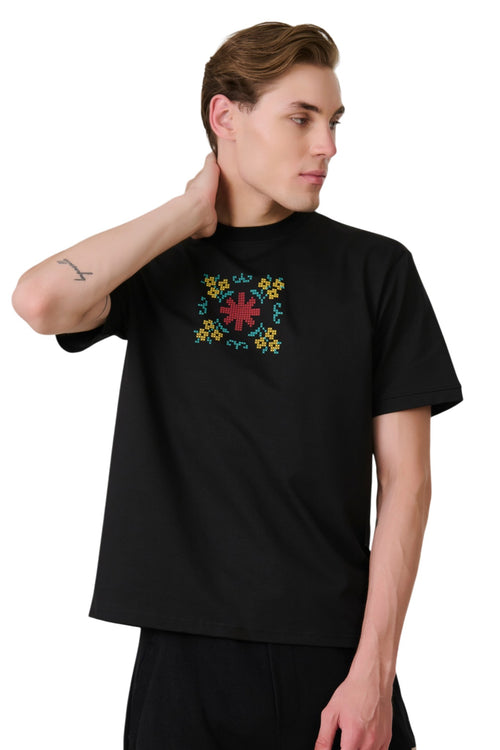 Black Cross-Stitch Graphic T-Shirt