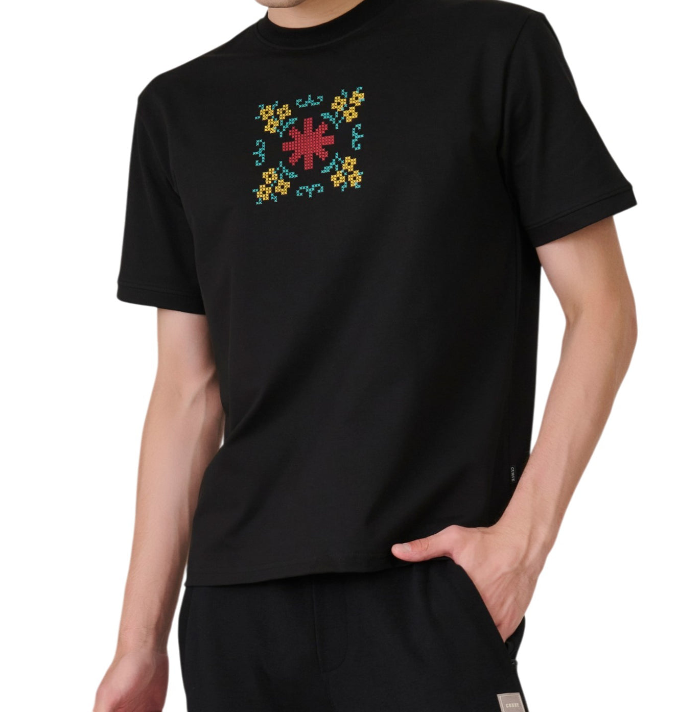 Black Cross-Stitch Graphic T-Shirt