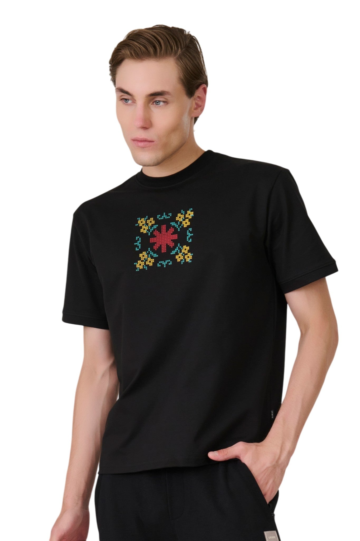 Buy Black Cross-Stitch Graphic T-Shirt Online Shopping view 4