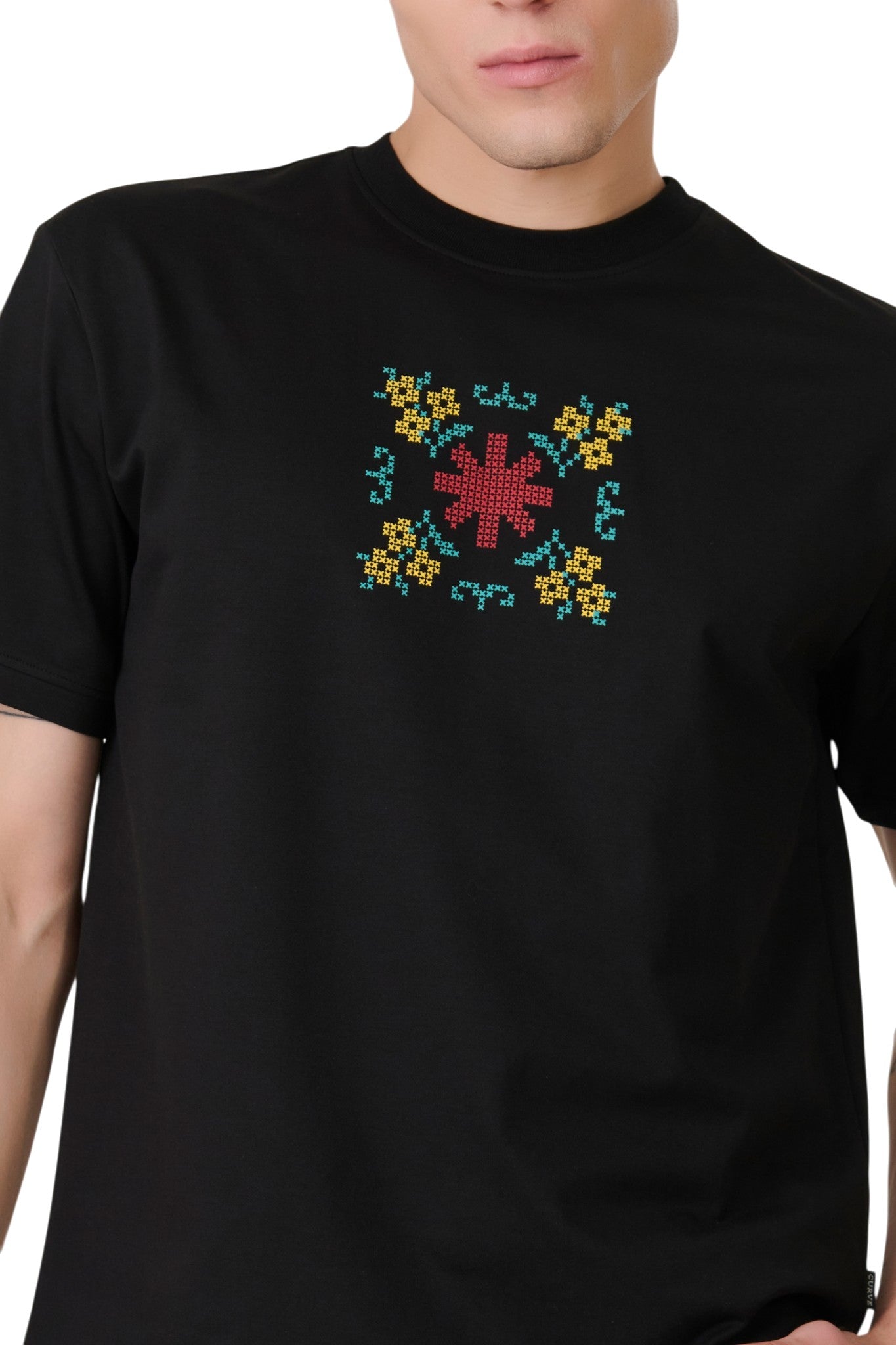 Buy Black Cross-Stitch Graphic T-Shirt Online Shopping view 3