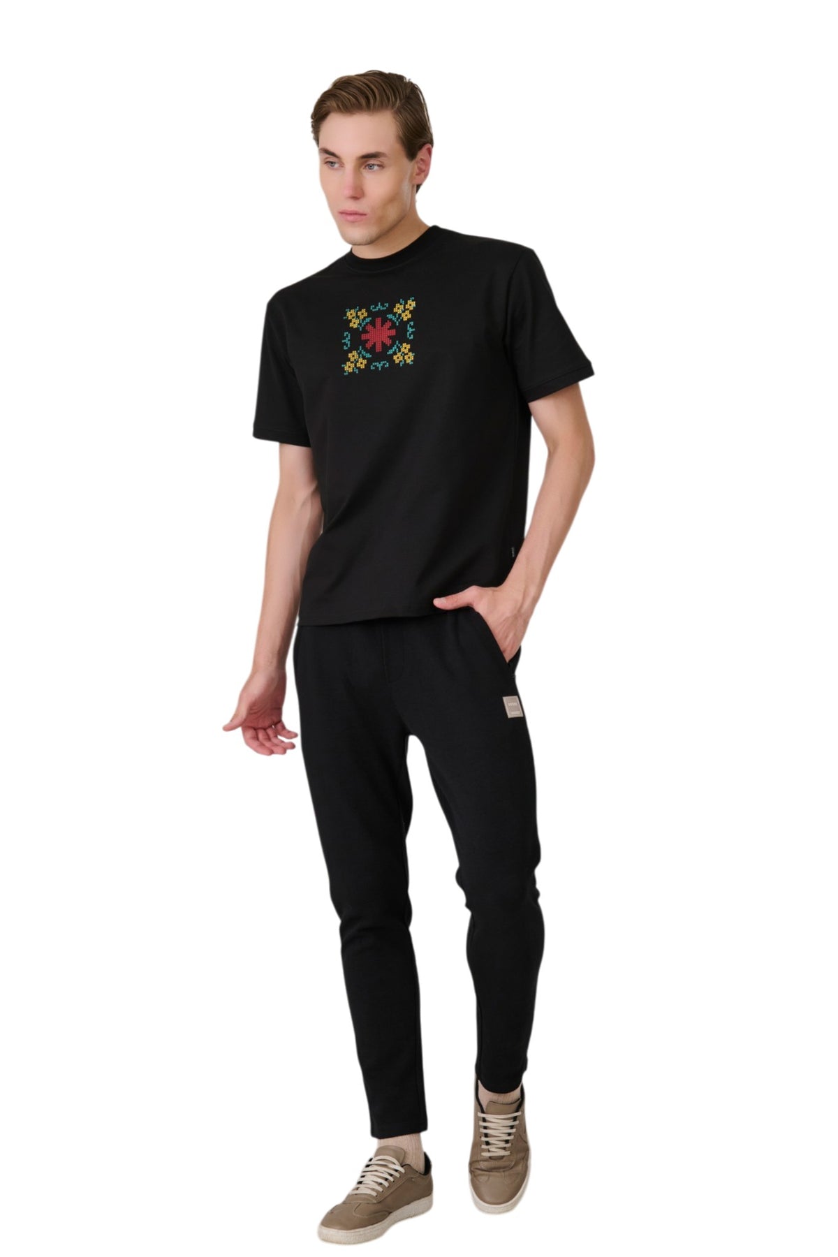 Buy Black Cross-Stitch Graphic T-Shirt Online Shopping view 5