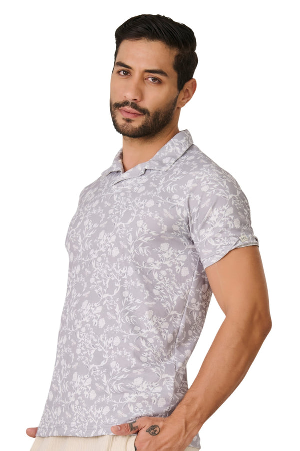 Grey Botanical Print Polo