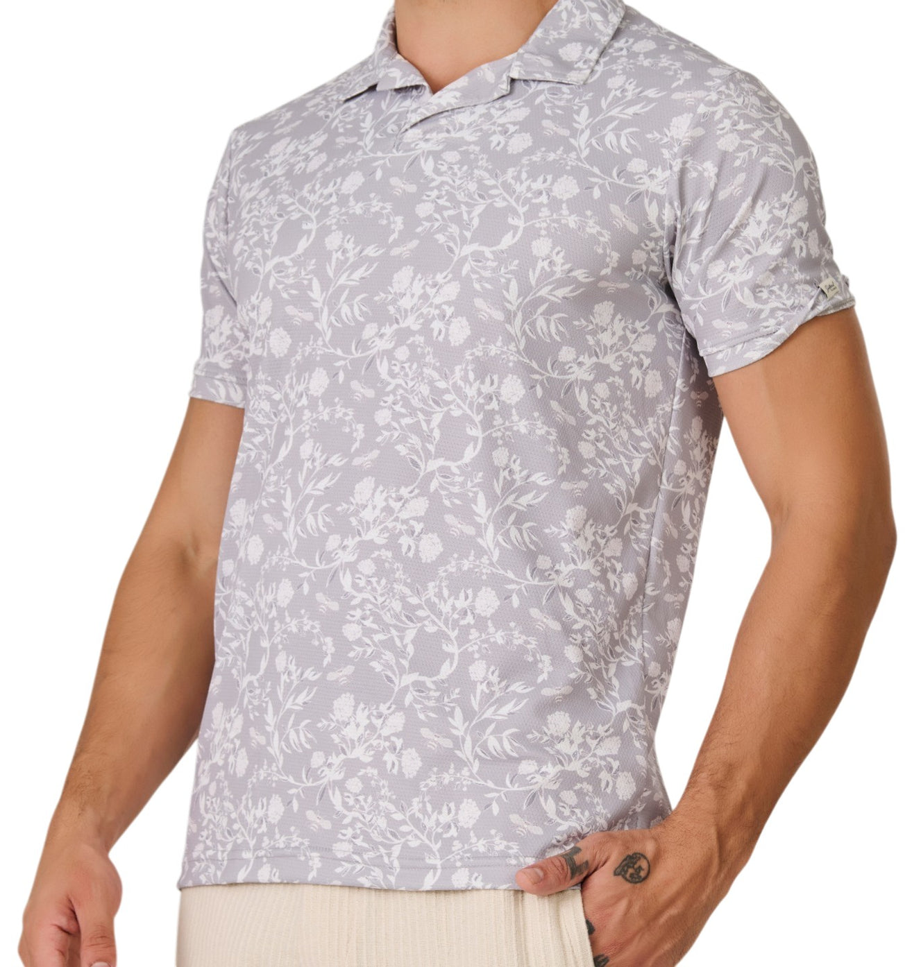 Grey Botanical Print Polo