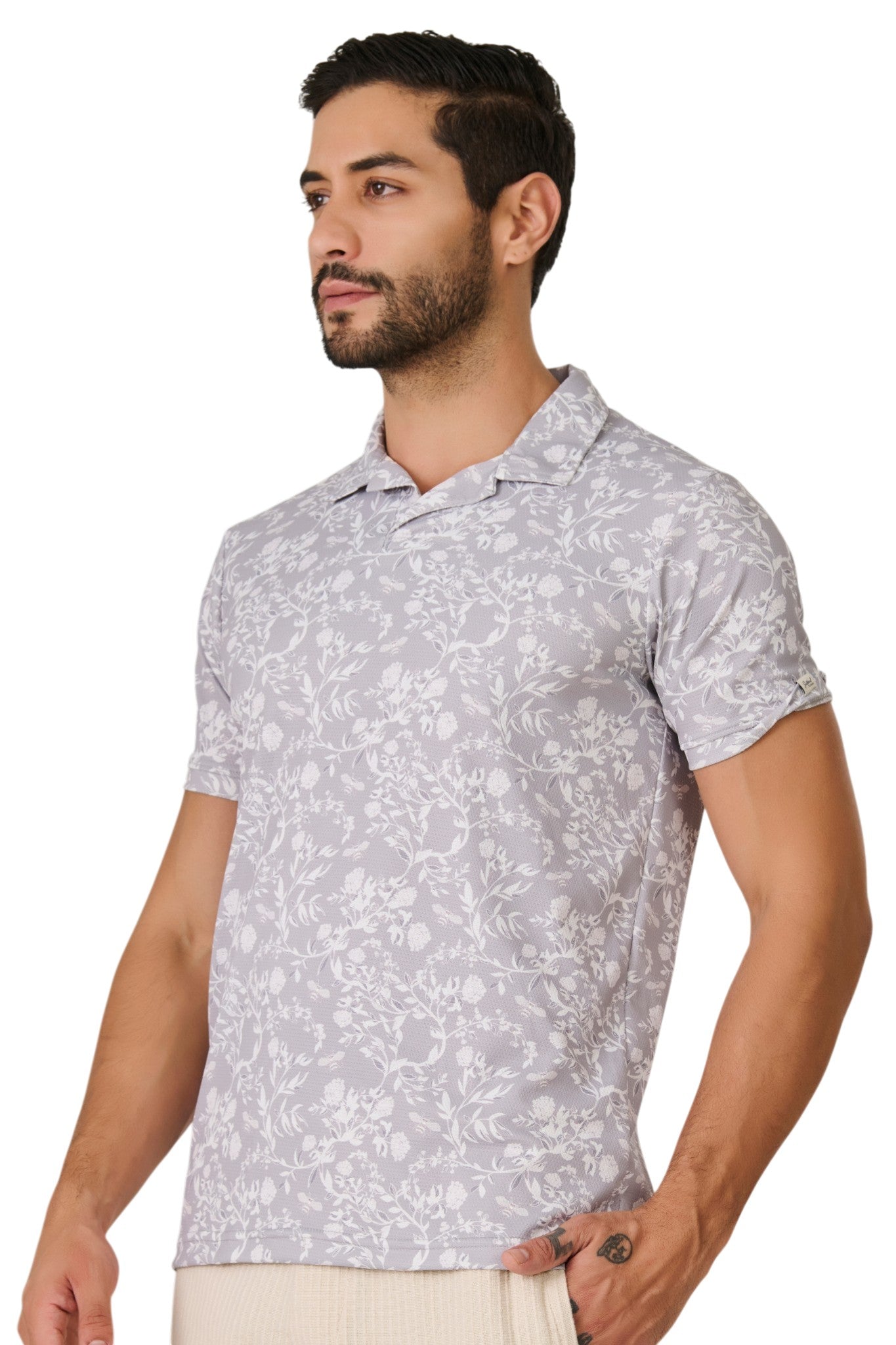 Buy Grey Botanical Print Polo Online Shopping view 4