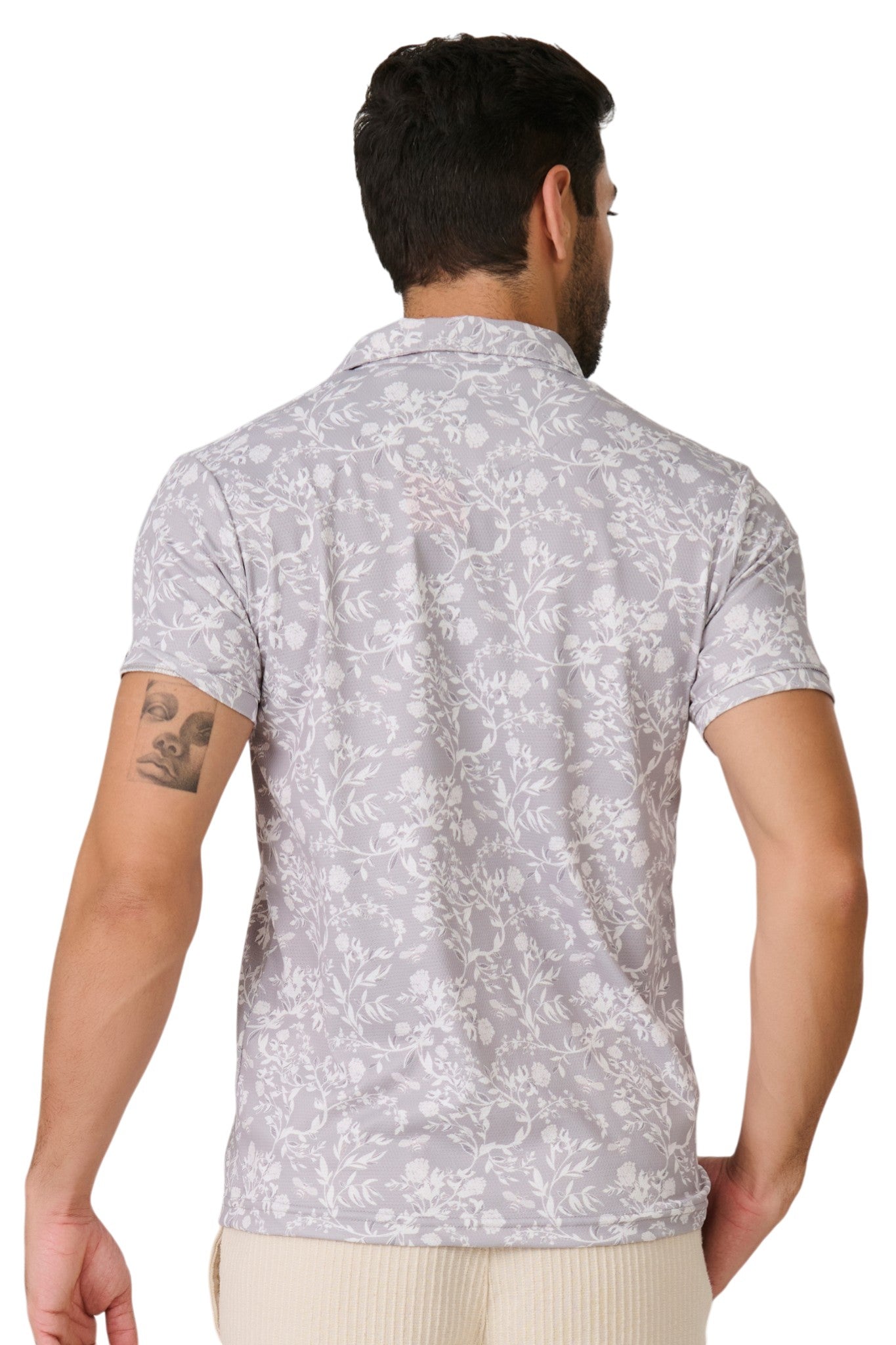Buy Grey Botanical Print Polo Online Shopping view 2